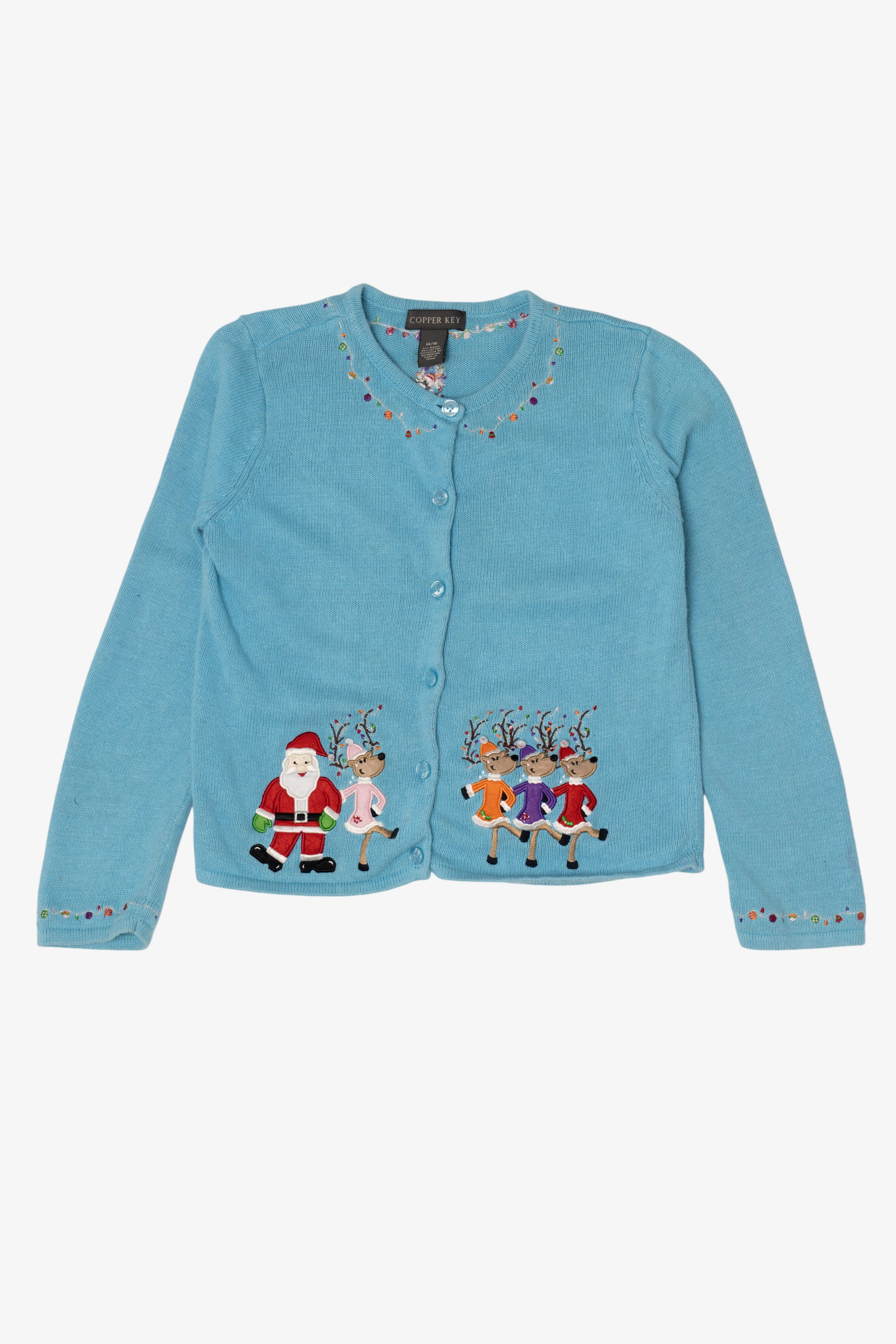 Vintage Blue Copper Key Dancing Reindeer Ugly Christmas Cardigan (2000s)