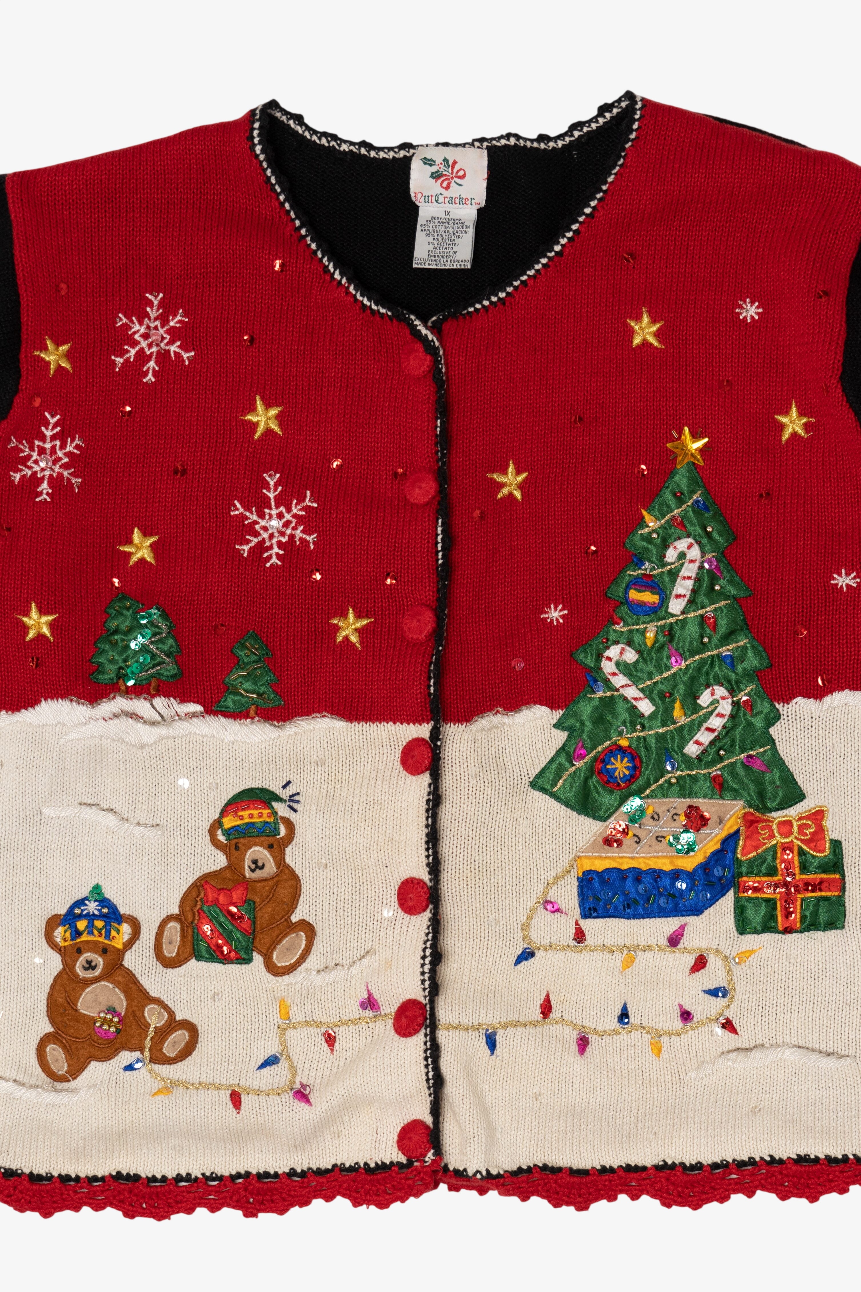 Vintage Red Nutcracker Teddy Bears Ugly Christmas Cardigan (1990s)