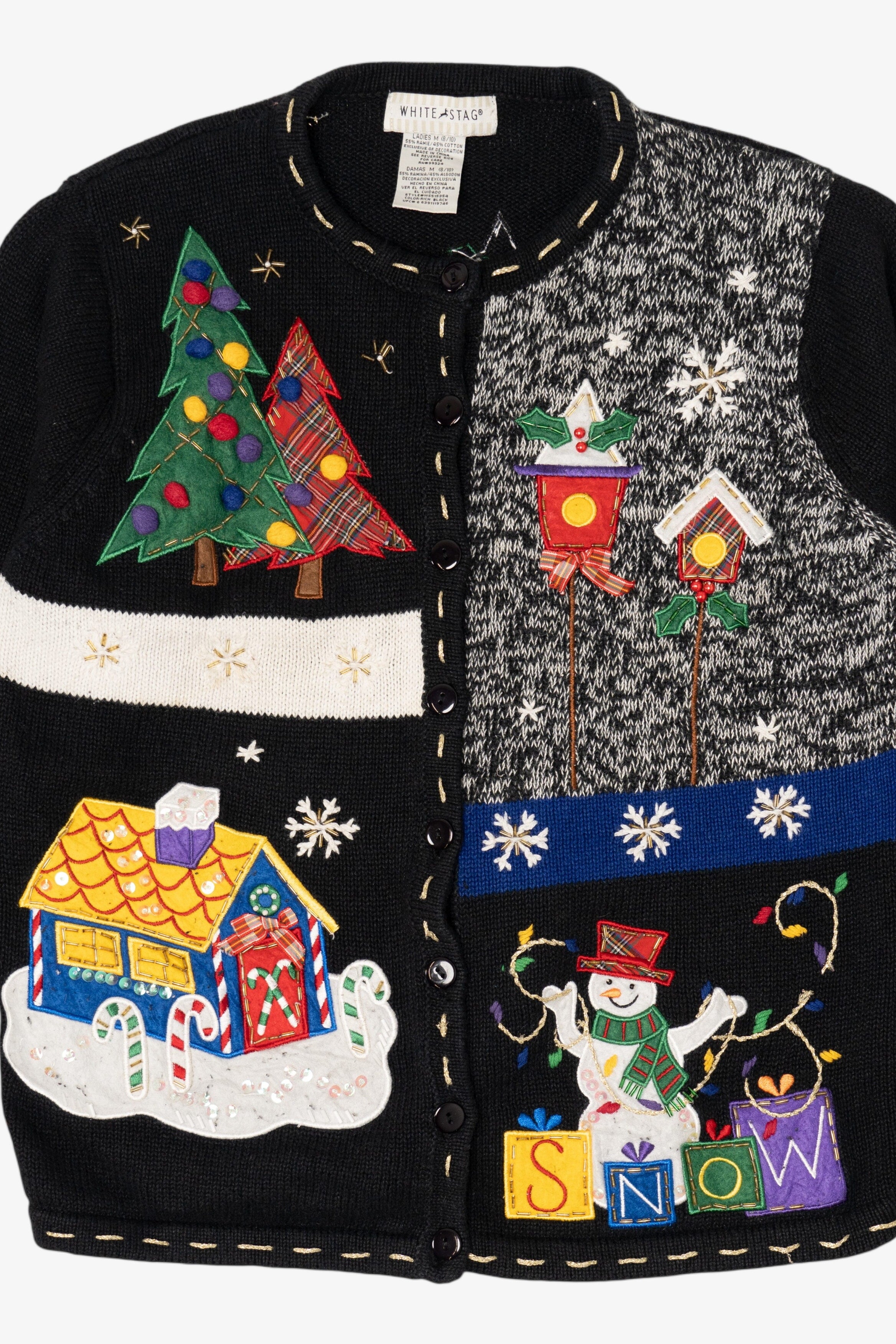 Vintage Black White Stag Snowmen Ugly Christmas Cardigan (1990s)
