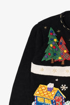 Vintage Black White Stag Snowmen Ugly Christmas Cardigan (1990s)