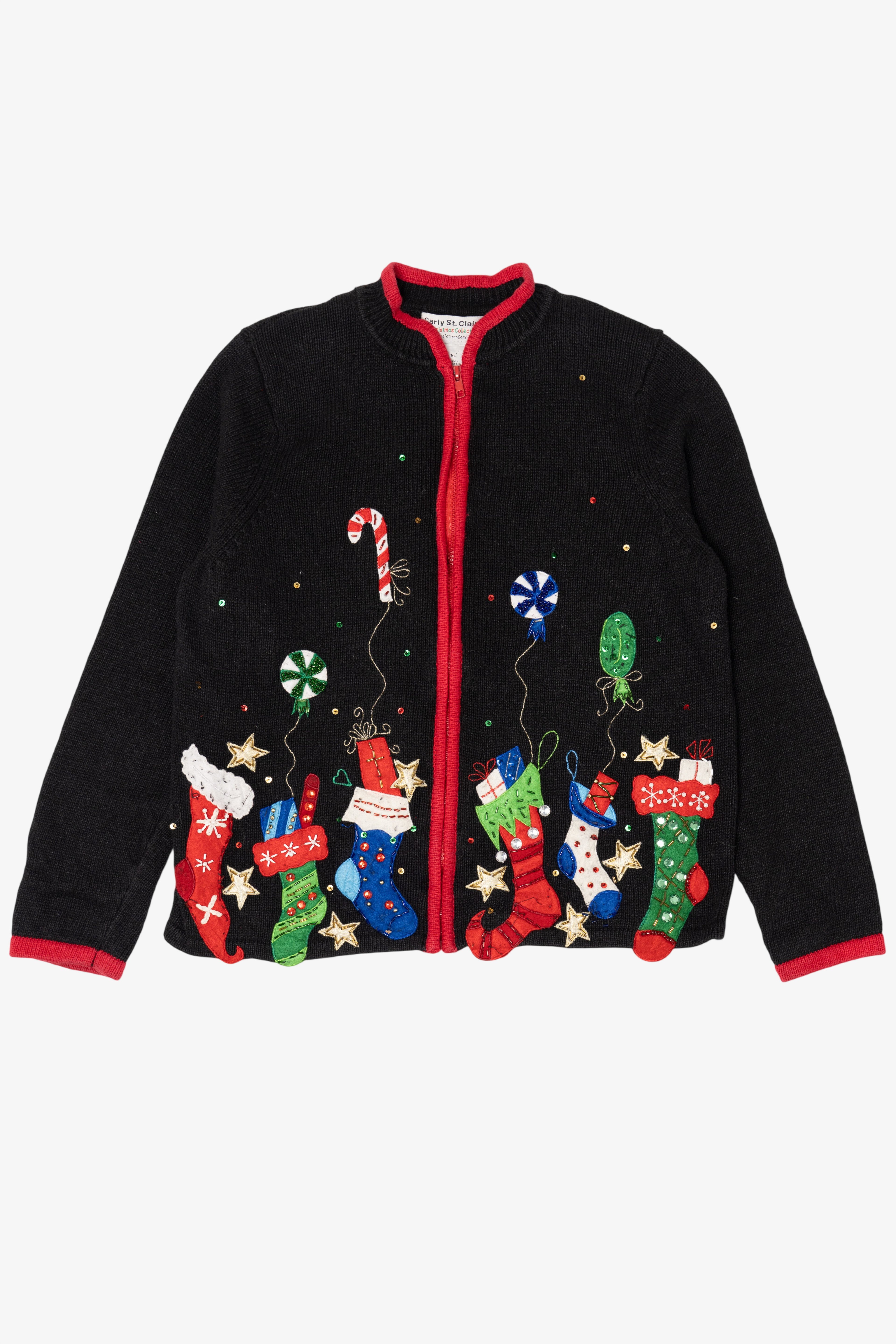 Vintage Black Carly St. Claire Stockings Ugly Christmas Cardigan (1990s)
