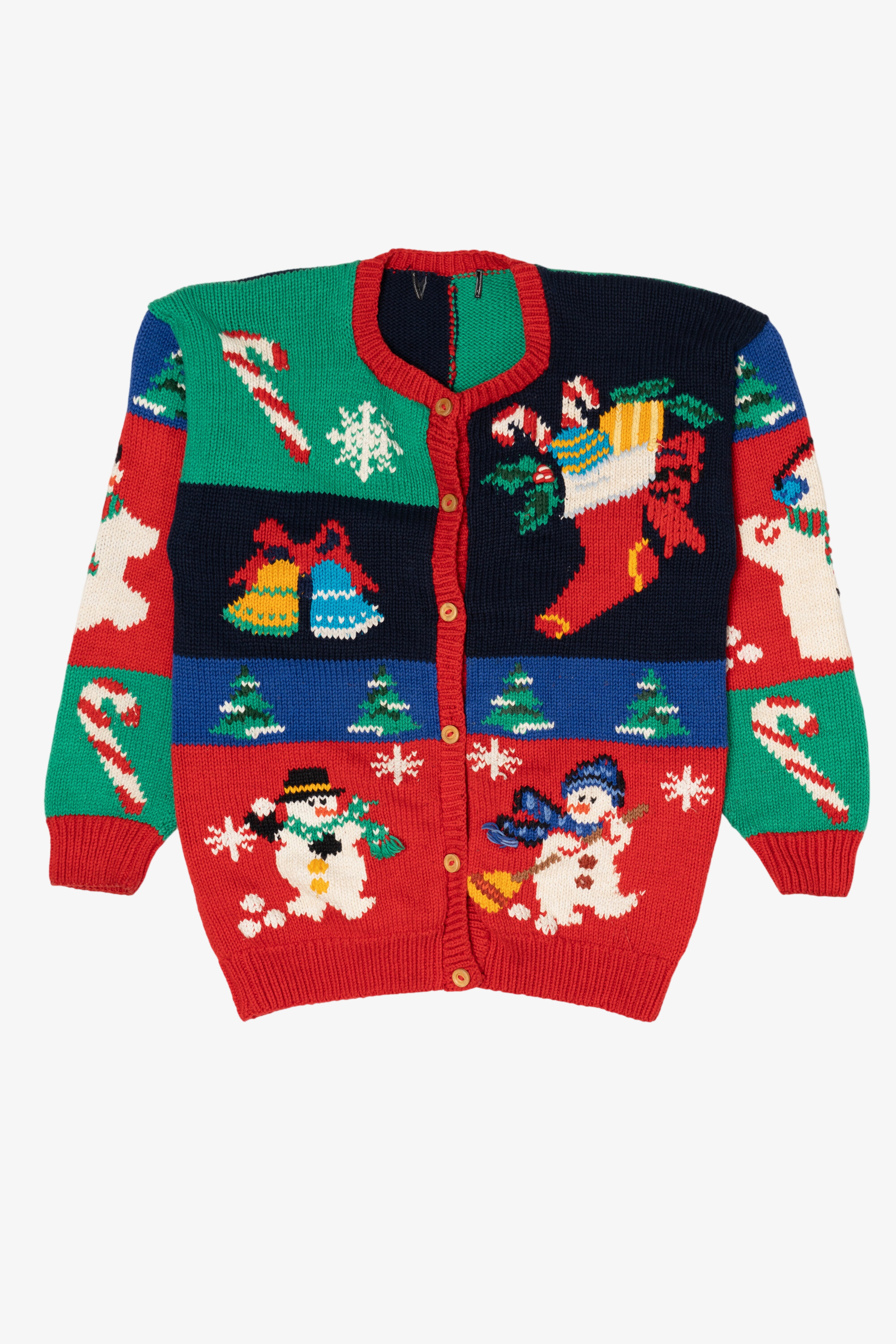 Vintage Multicolor Color Block Snowmen Ugly Christmas Cardigan (1990s)