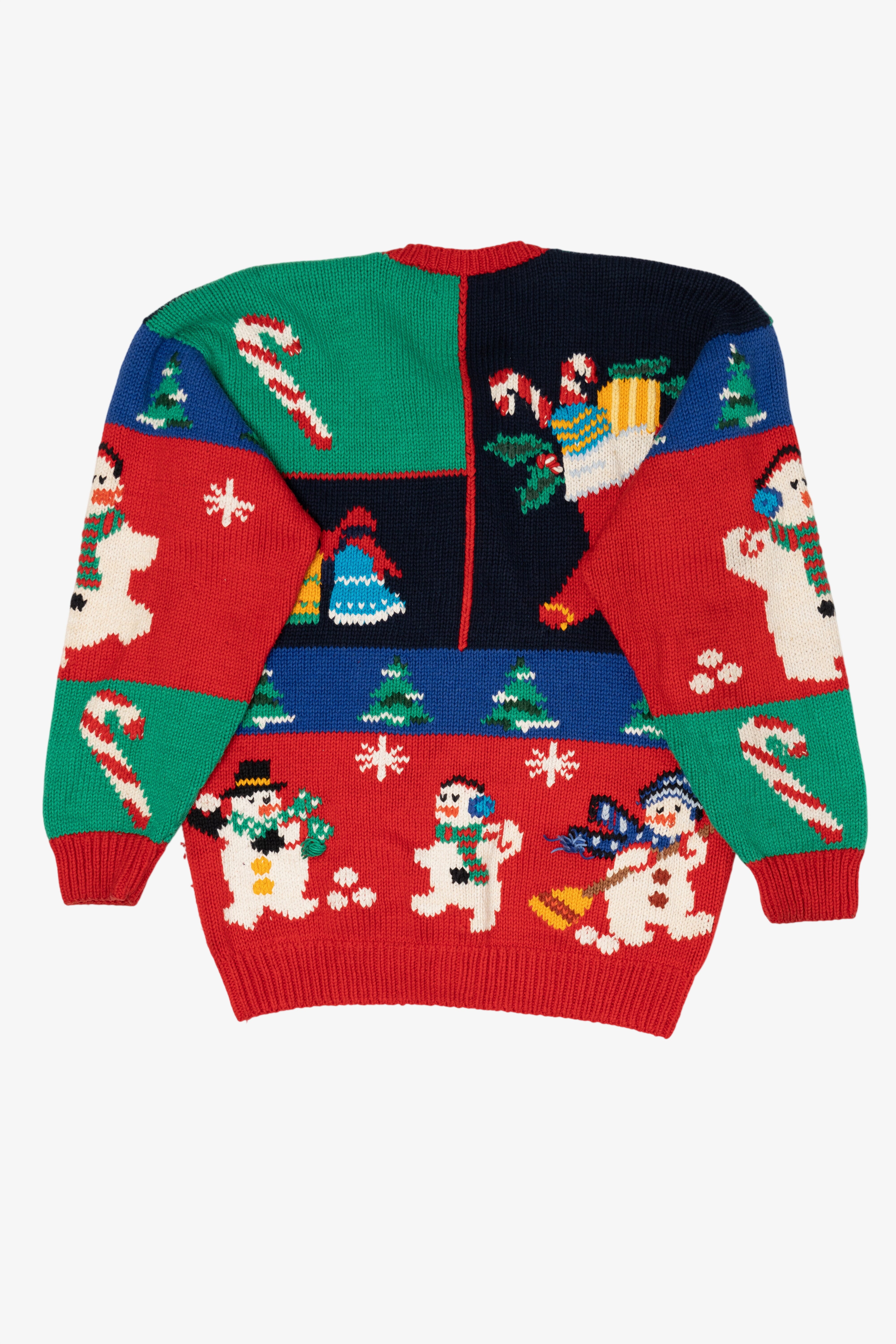 Vintage Multicolor Color Block Snowmen Ugly Christmas Cardigan (1990s)