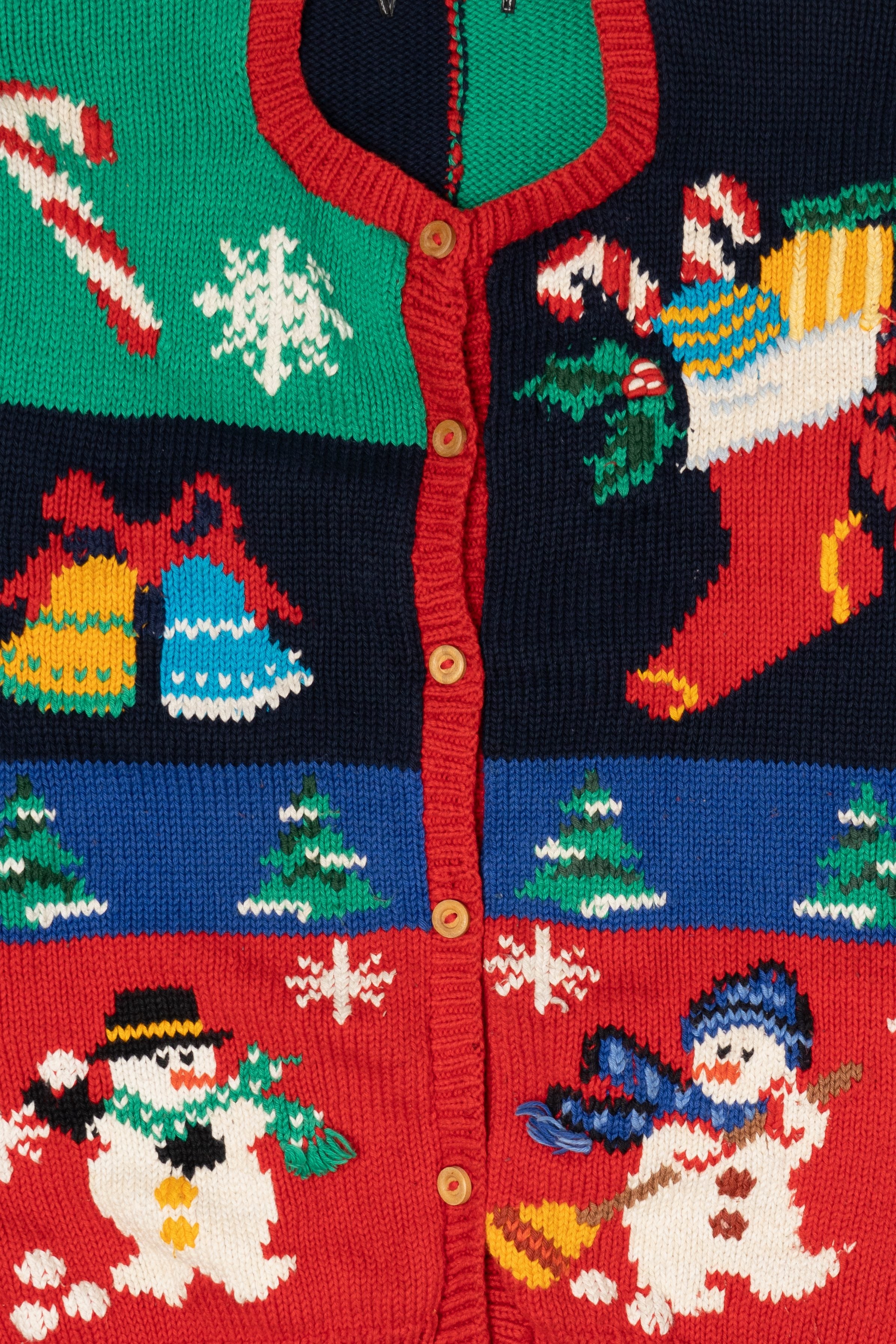 Vintage Multicolor Color Block Snowmen Ugly Christmas Cardigan (1990s)