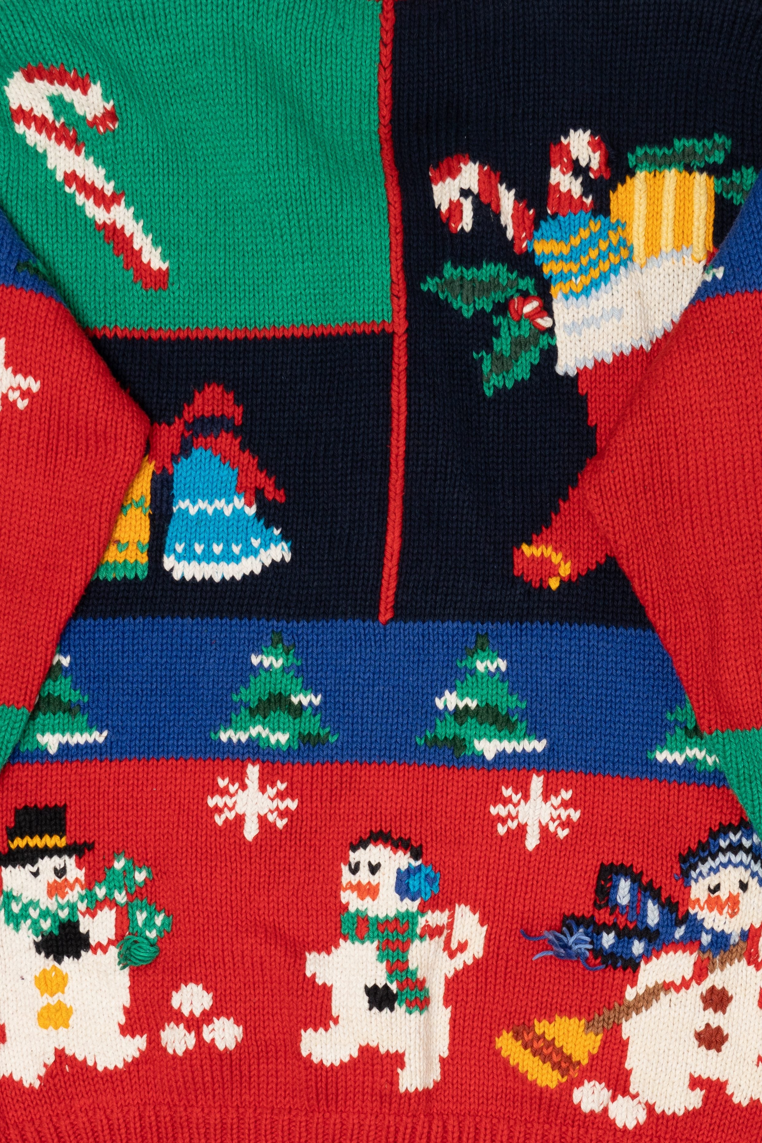 Vintage Multicolor Color Block Snowmen Ugly Christmas Cardigan (1990s)