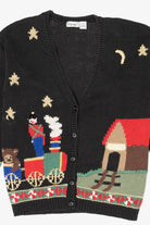 Vintage Black That's Me! Toys On A Train Ugly Christmas Cardigan (1990s)