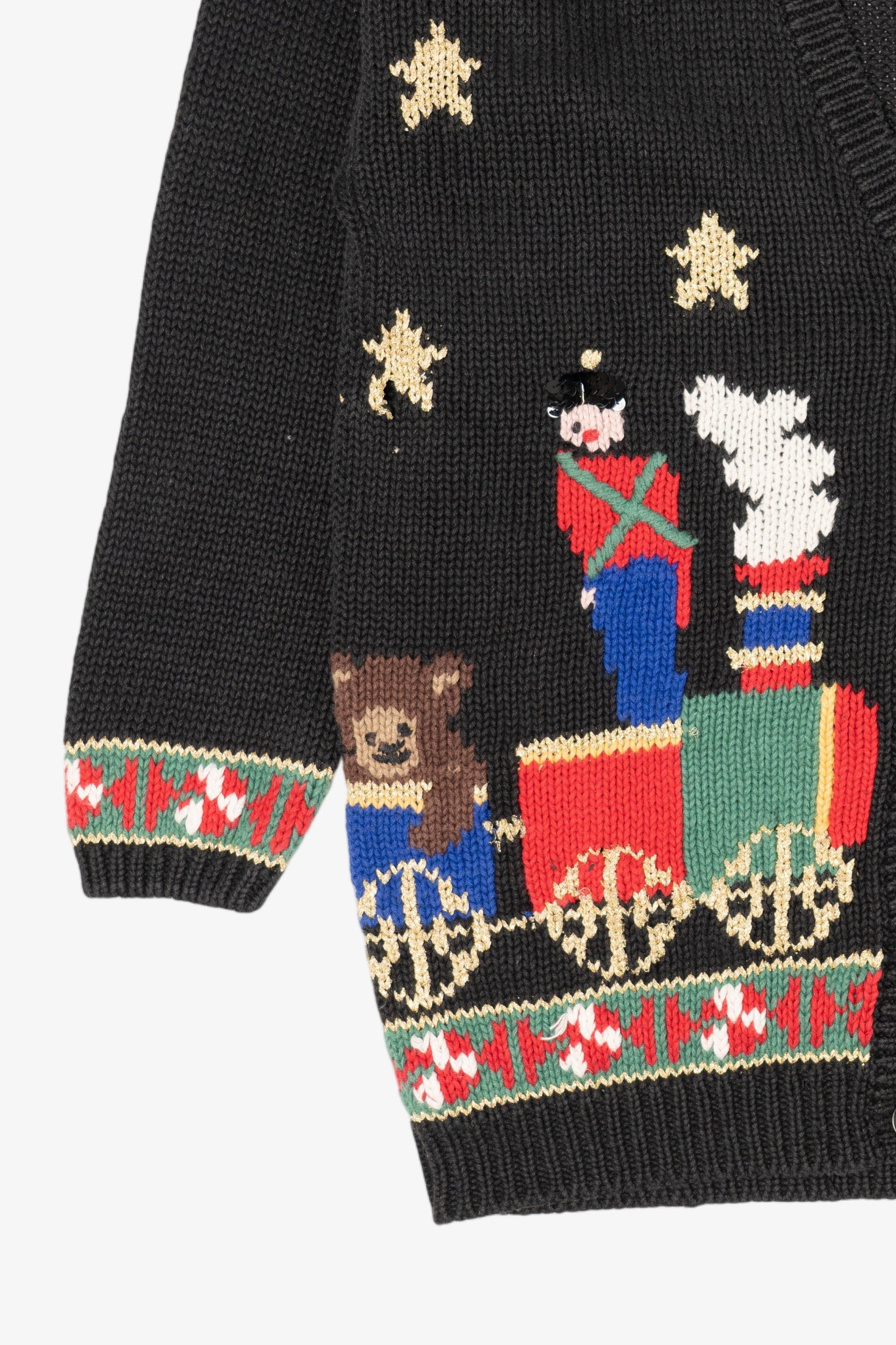 Vintage Black That's Me! Toys On A Train Ugly Christmas Cardigan (1990s)