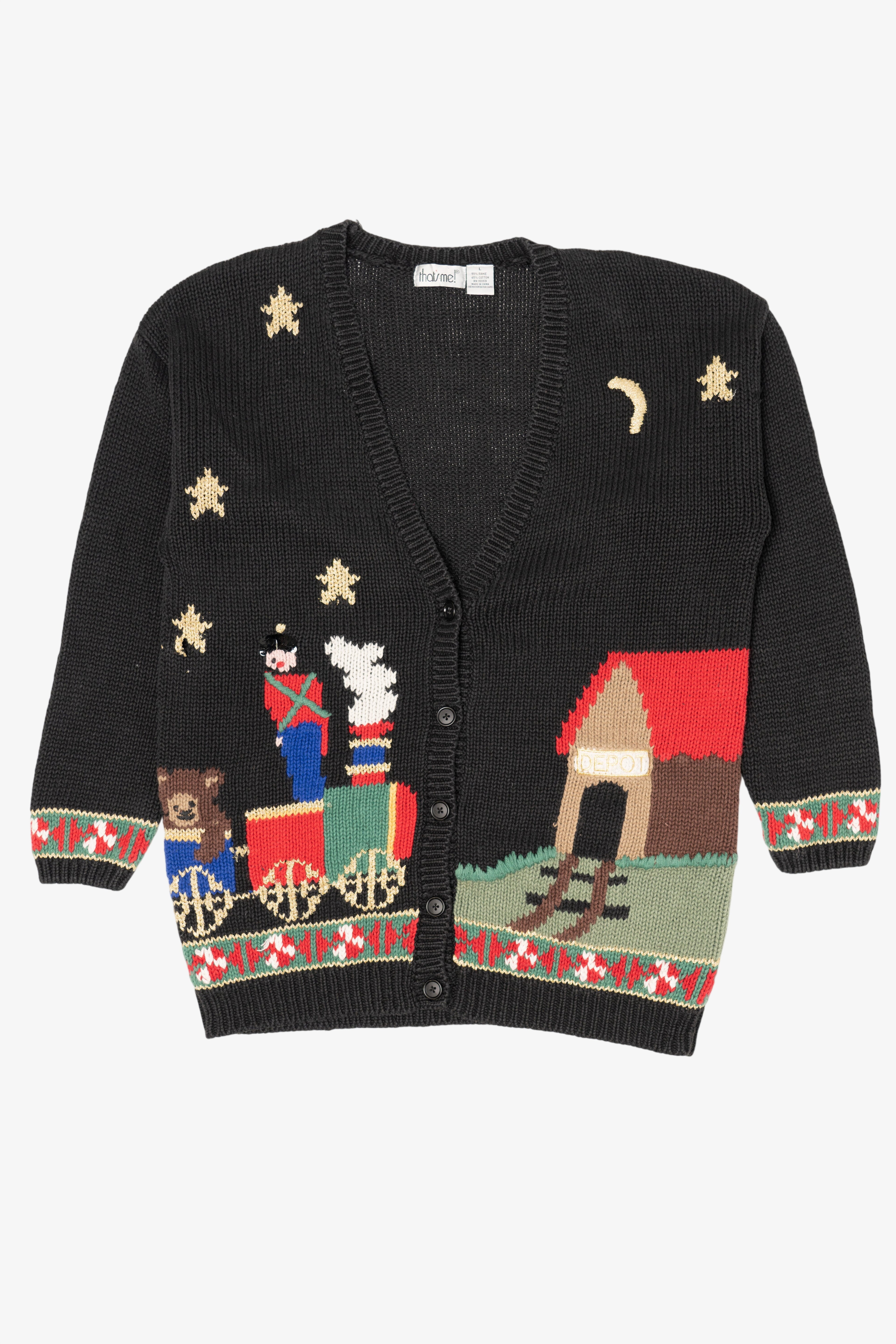 Vintage Black That's Me! Toys On A Train Ugly Christmas Cardigan (1990s)