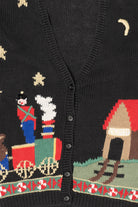 Vintage Black That's Me! Toys On A Train Ugly Christmas Cardigan (1990s)