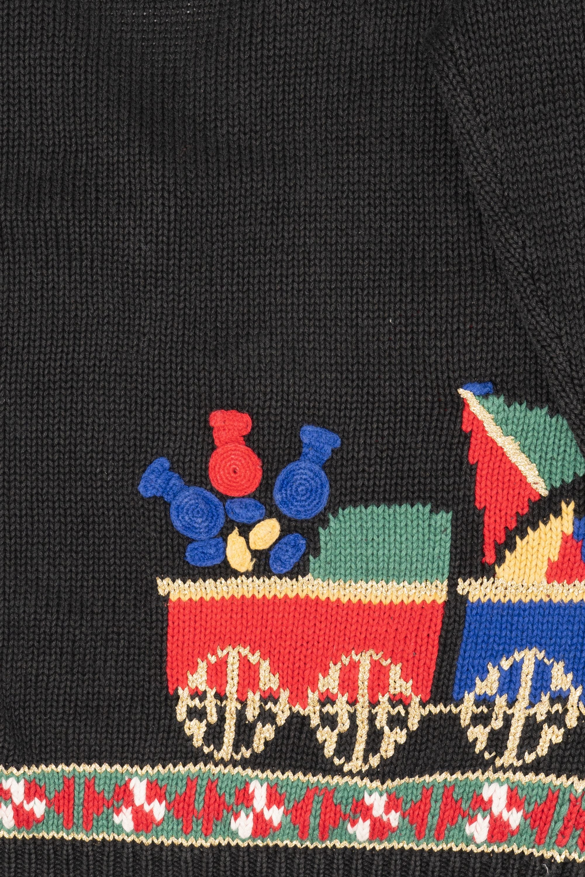 Vintage Black That's Me! Toys On A Train Ugly Christmas Cardigan (1990s)