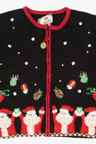 Vintage Black Tiara International Santas Throwing Presents Ugly Christmas Cardigan (2000s)