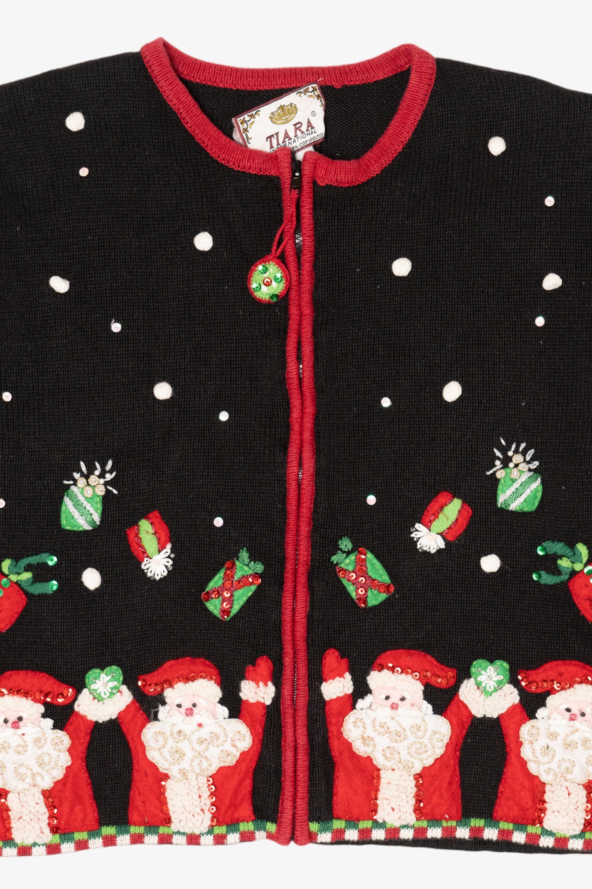 Vintage Black Tiara International Santas Throwing Presents Ugly Christmas Cardigan (2000s)