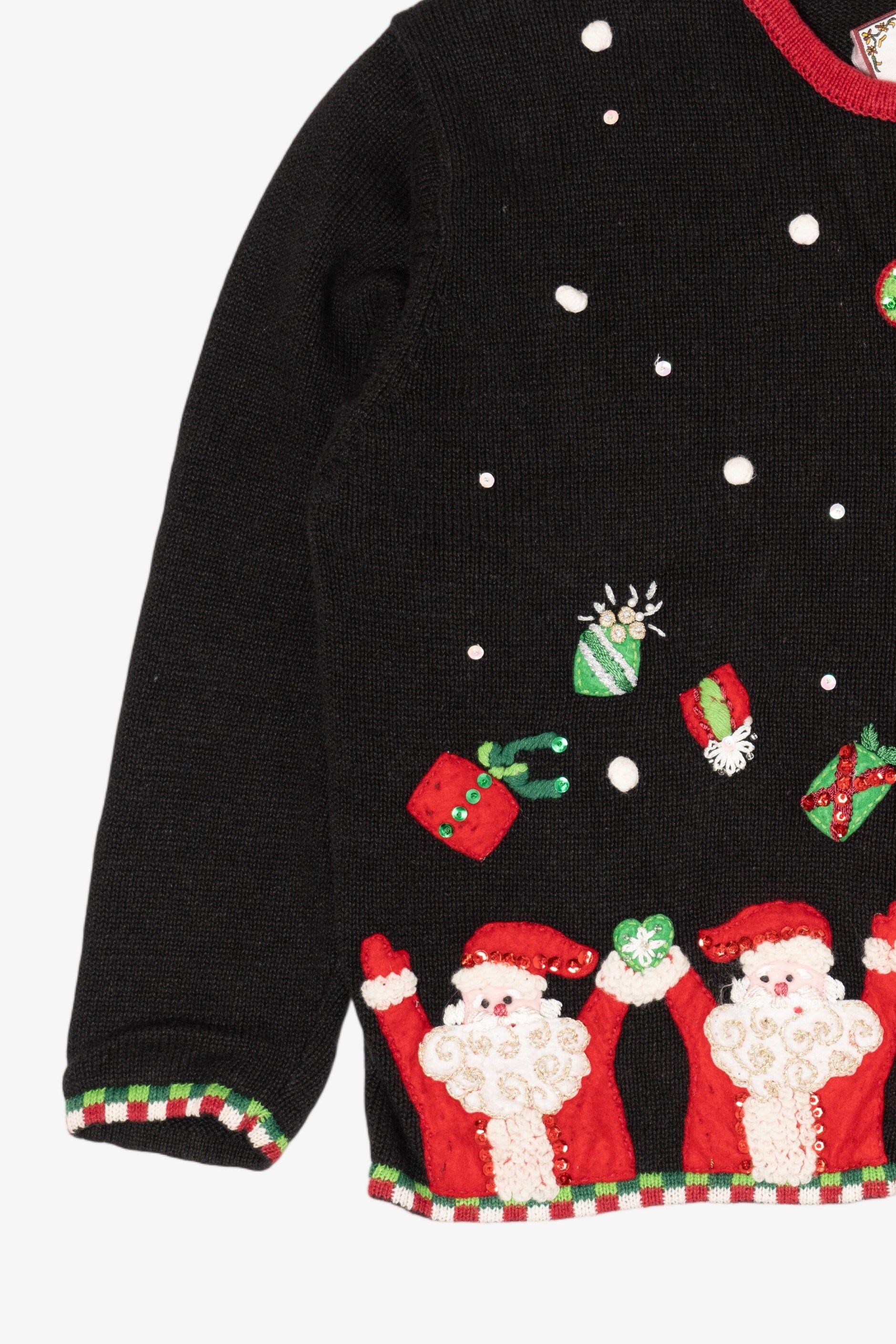 Vintage Black Tiara International Santas Throwing Presents Ugly Christmas Cardigan (2000s)