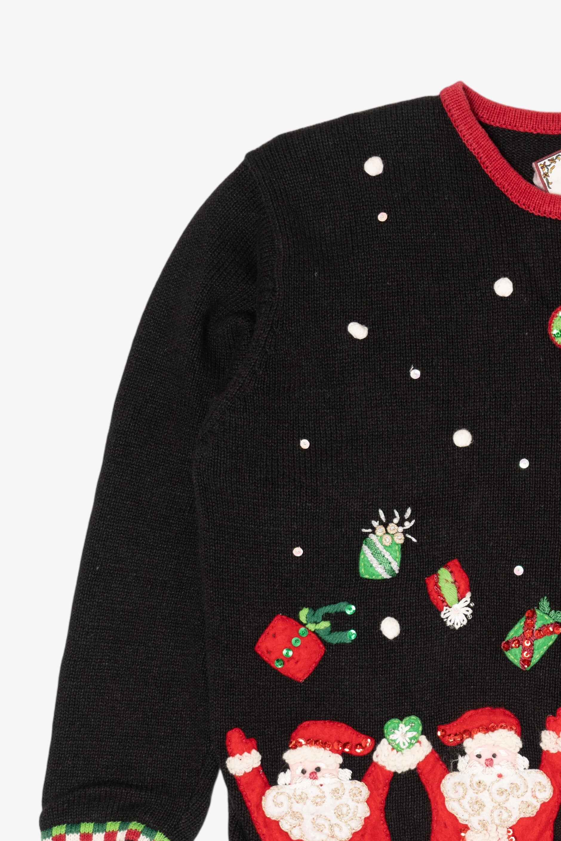Vintage Black Tiara International Santas Throwing Presents Ugly Christmas Cardigan (2000s)