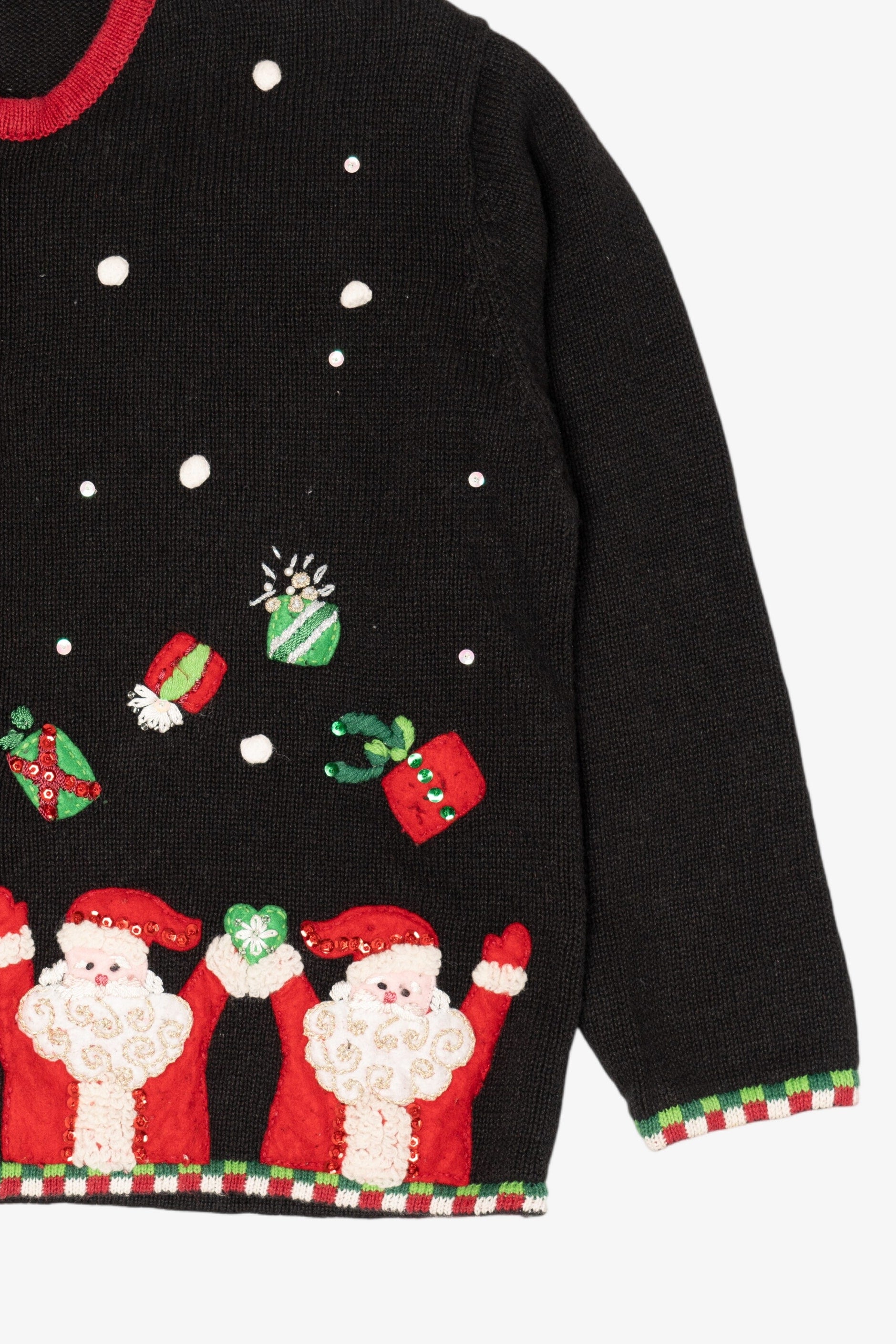 Vintage Black Tiara International Santas Throwing Presents Ugly Christmas Cardigan (2000s)