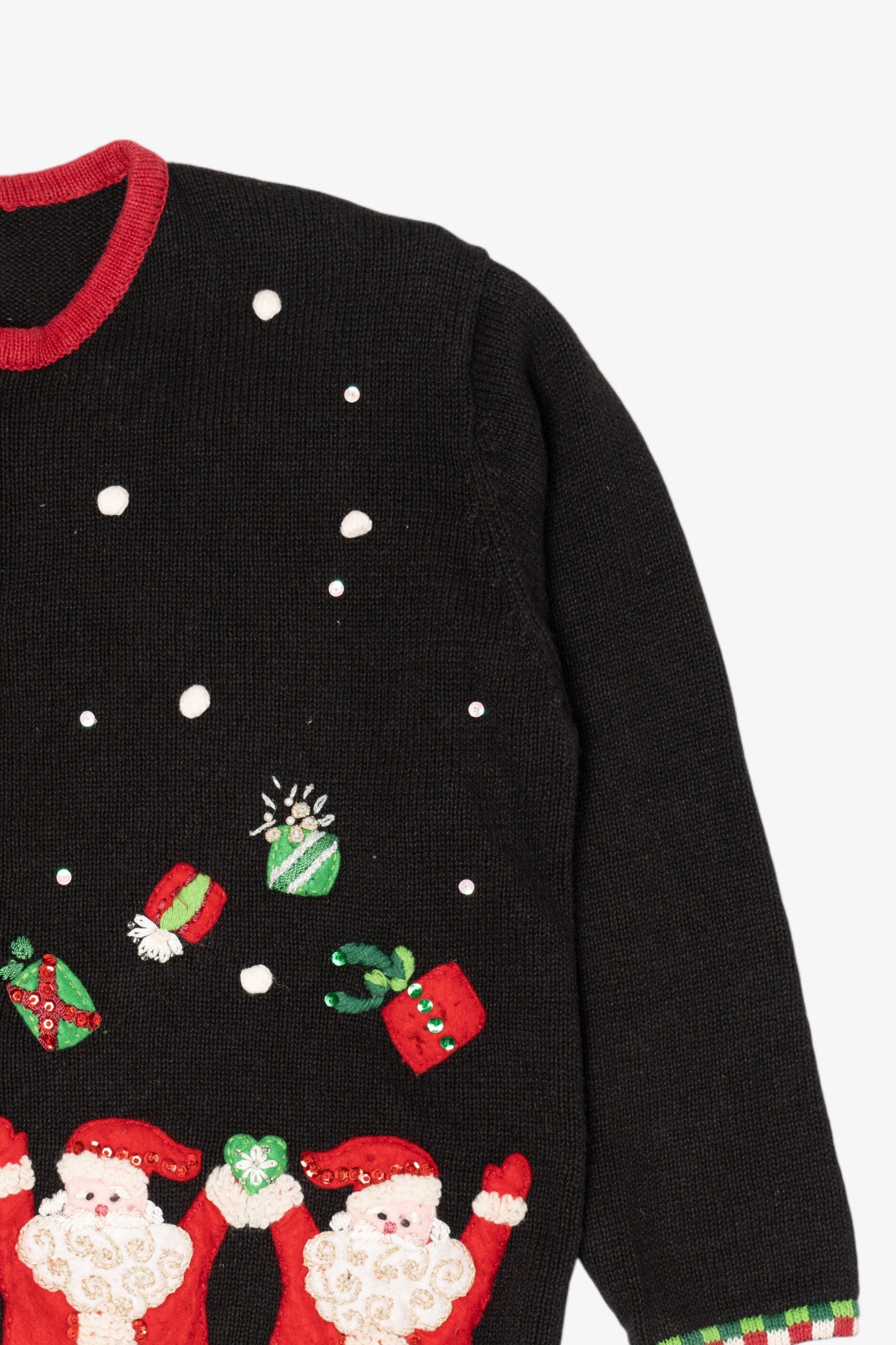 Vintage Black Tiara International Santas Throwing Presents Ugly Christmas Cardigan (2000s)