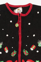 Vintage Black Tiara International Santas Throwing Presents Ugly Christmas Cardigan (2000s)