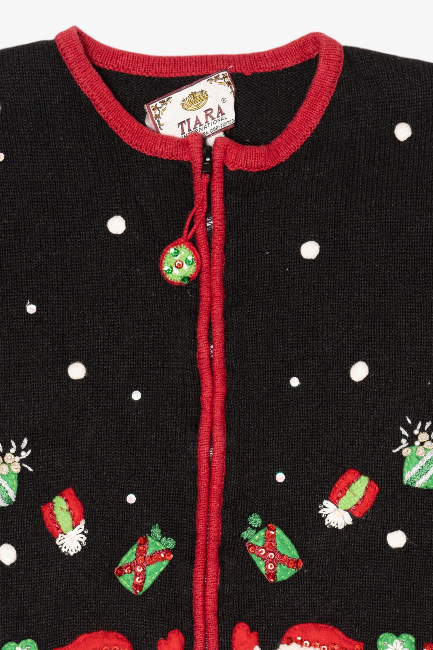 Vintage Black Tiara International Santas Throwing Presents Ugly Christmas Cardigan (2000s)