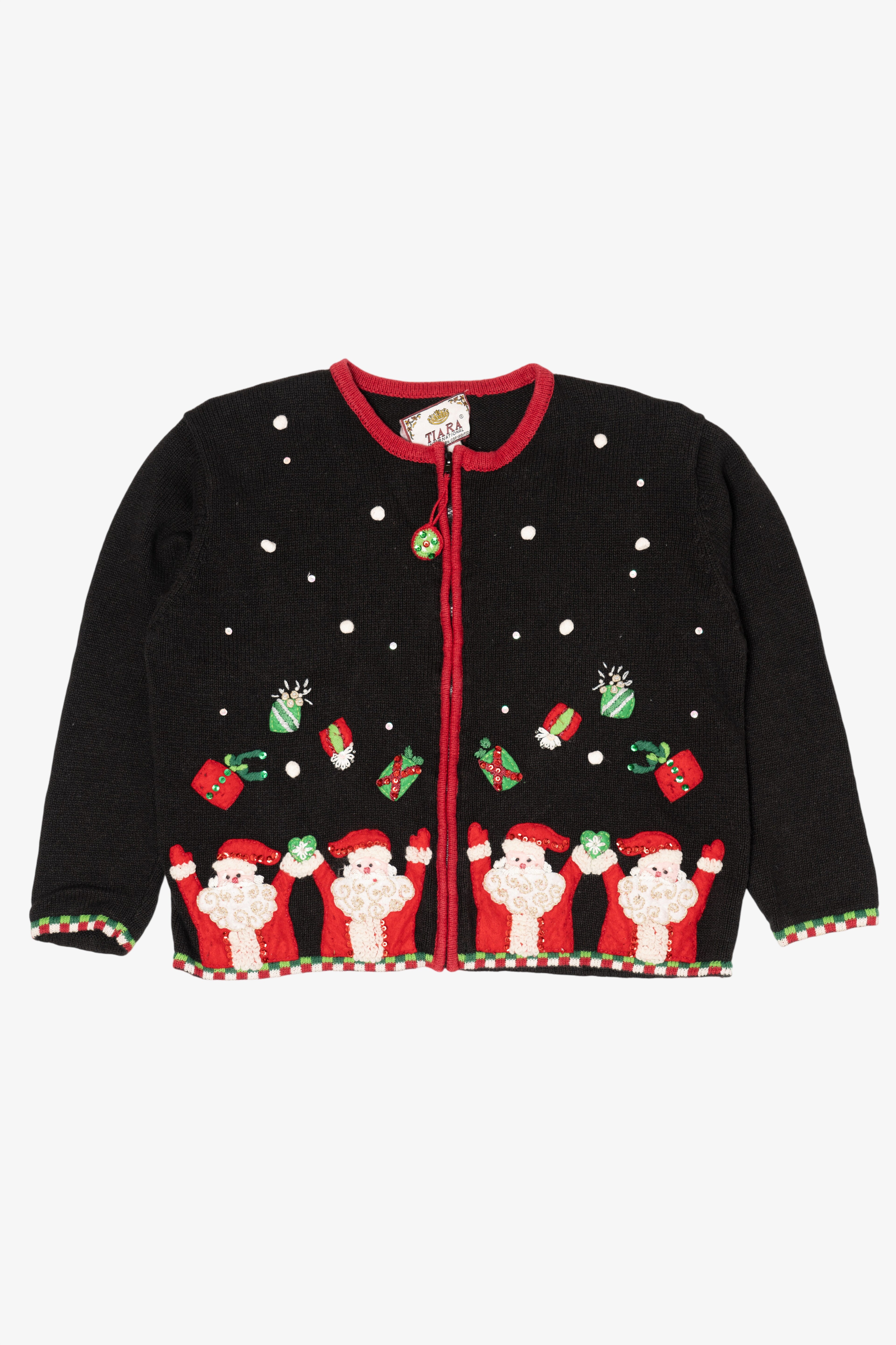 Vintage Black Tiara International Santas Throwing Presents Ugly Christmas Cardigan (2000s)