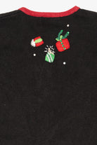 Vintage Black Tiara International Santas Throwing Presents Ugly Christmas Cardigan (2000s)
