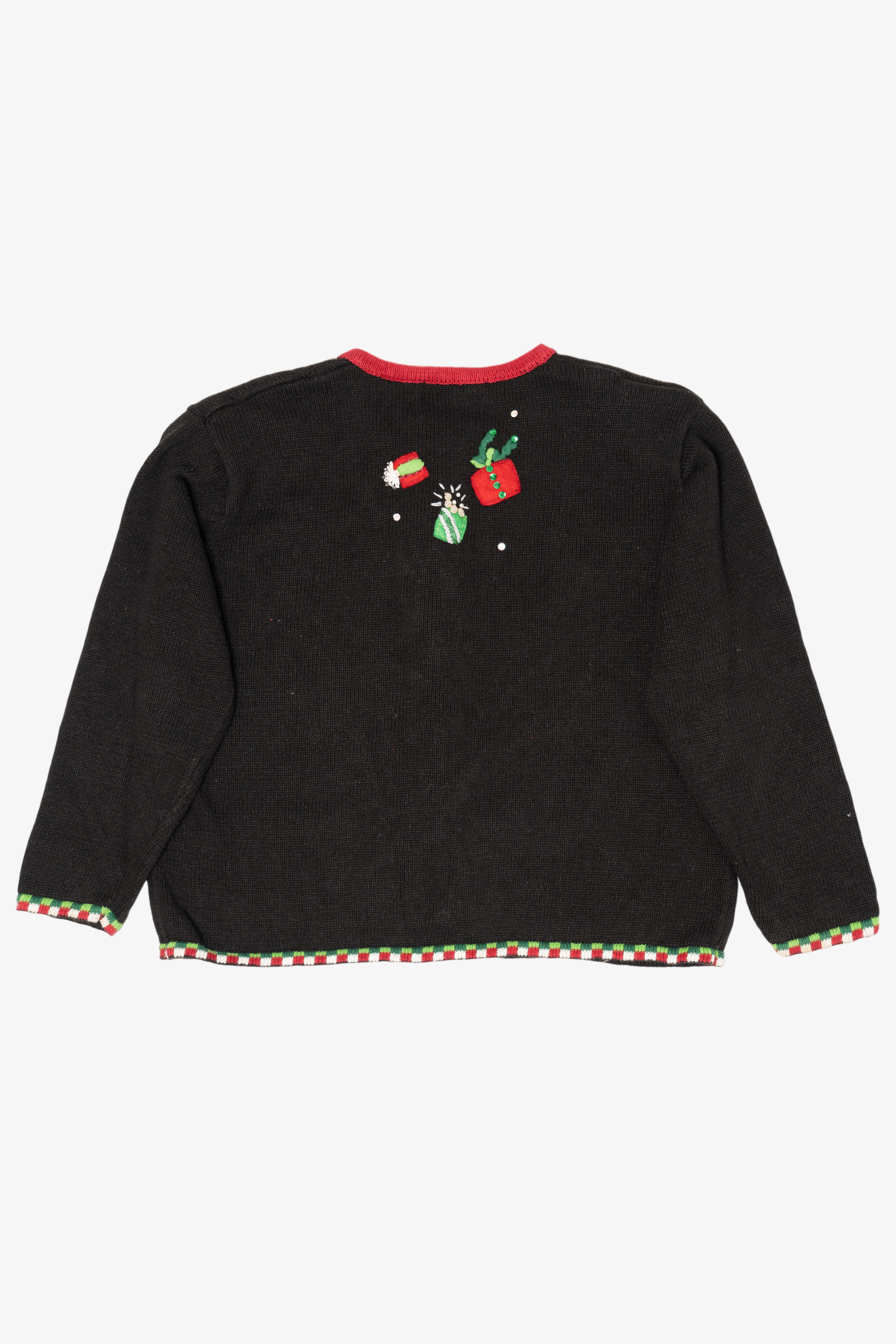 Vintage Black Tiara International Santas Throwing Presents Ugly Christmas Cardigan (2000s)