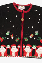 Vintage Black Tiara International Santas Throwing Presents Ugly Christmas Cardigan (2000s)