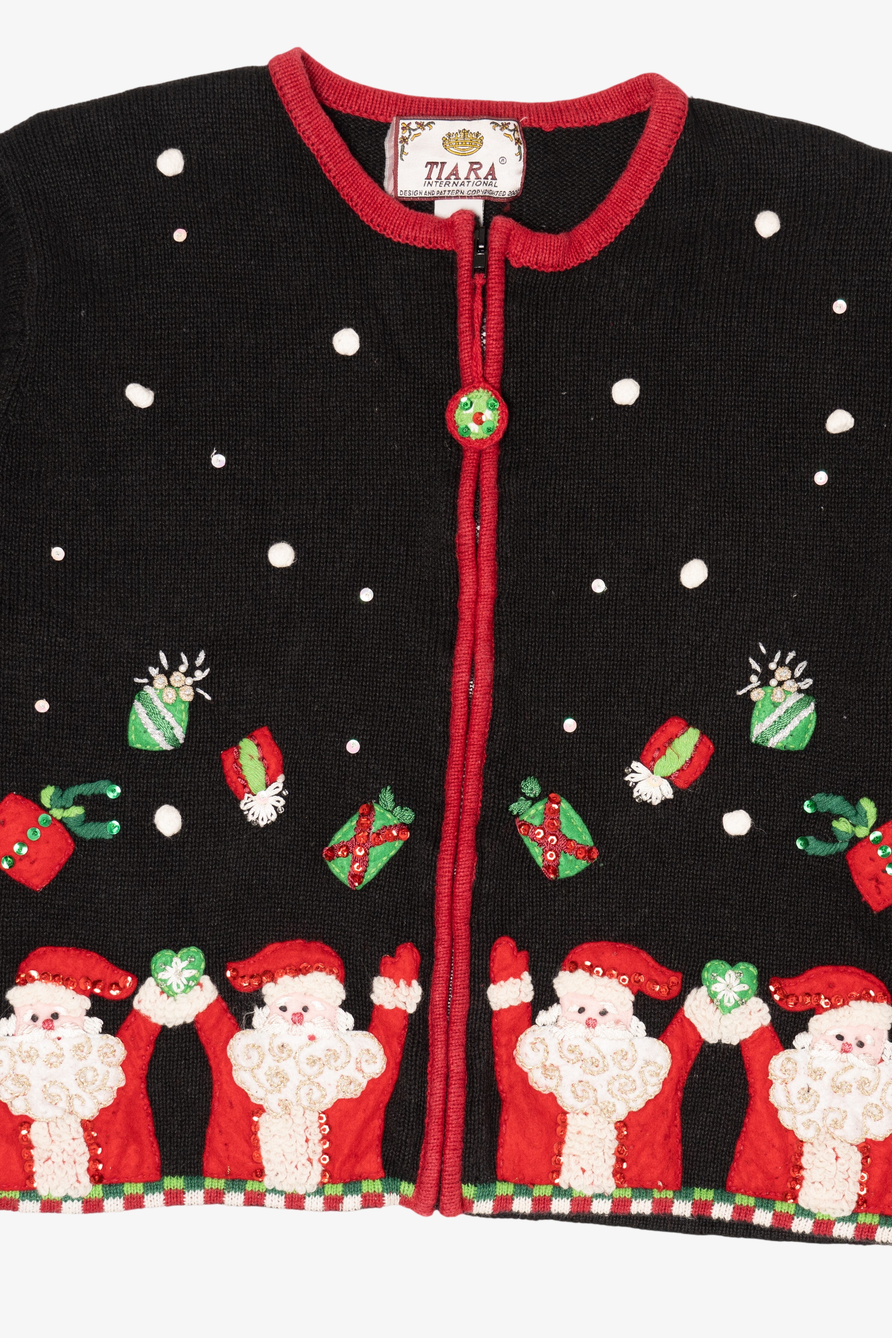 Vintage Black Tiara International Santas Throwing Presents Ugly Christmas Cardigan (2000s)