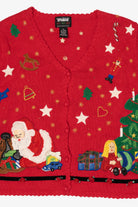 Vintage Red Designers Originals Studio Santa Placing Presents Ugly Christmas Cardigan (1990s)