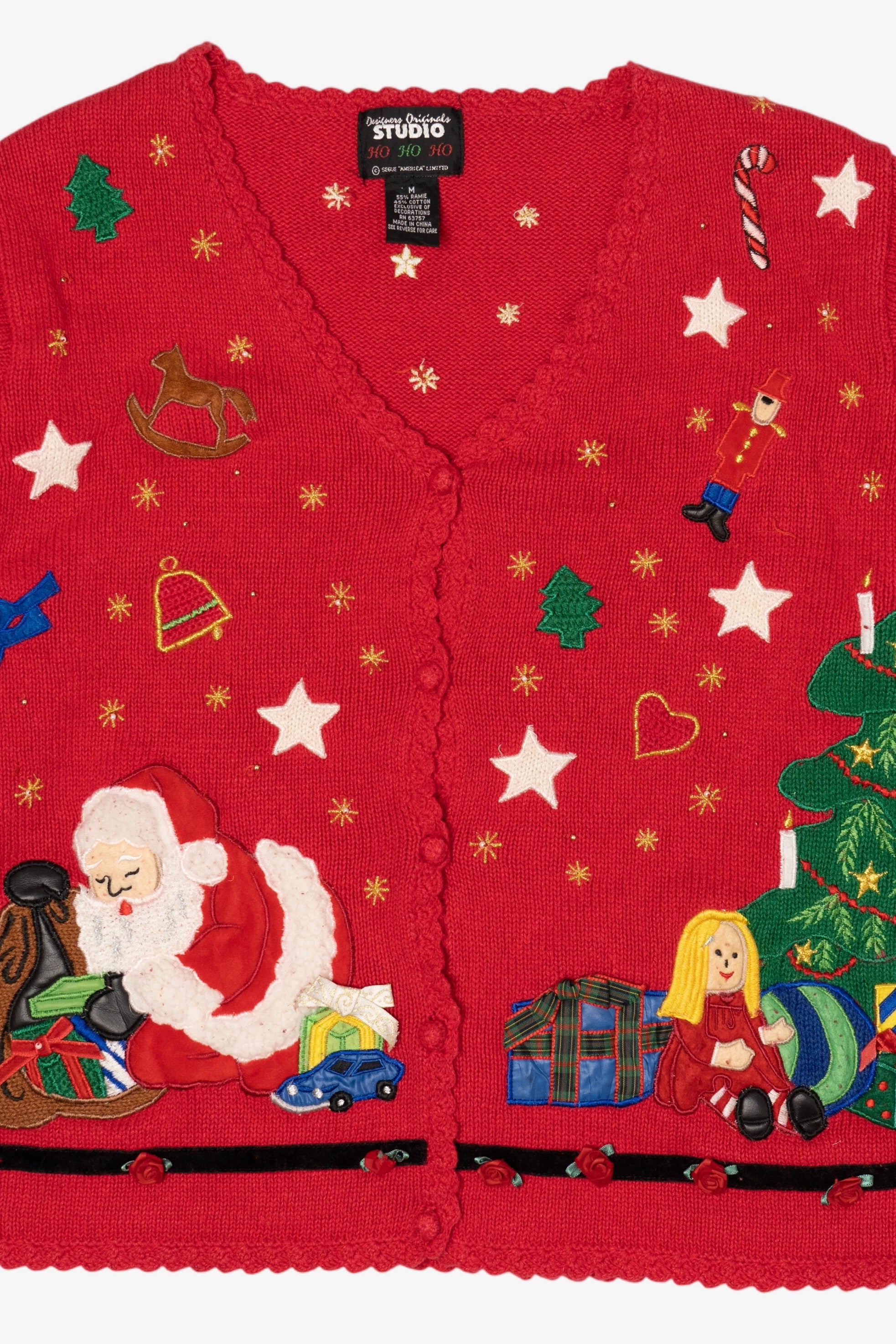 Vintage Red Designers Originals Studio Santa Placing Presents Ugly Christmas Cardigan (1990s)