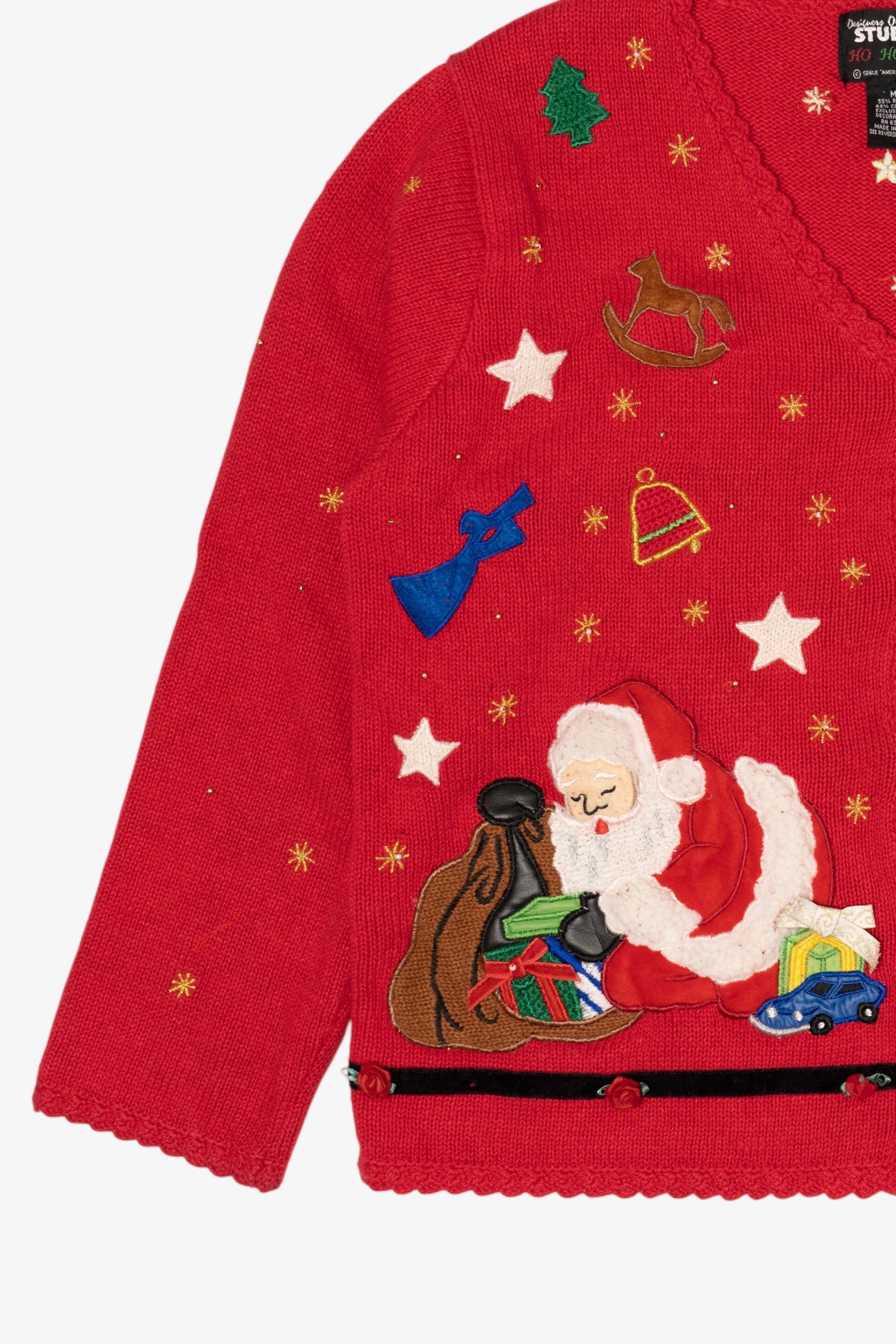 Vintage Red Designers Originals Studio Santa Placing Presents Ugly Christmas Cardigan (1990s)