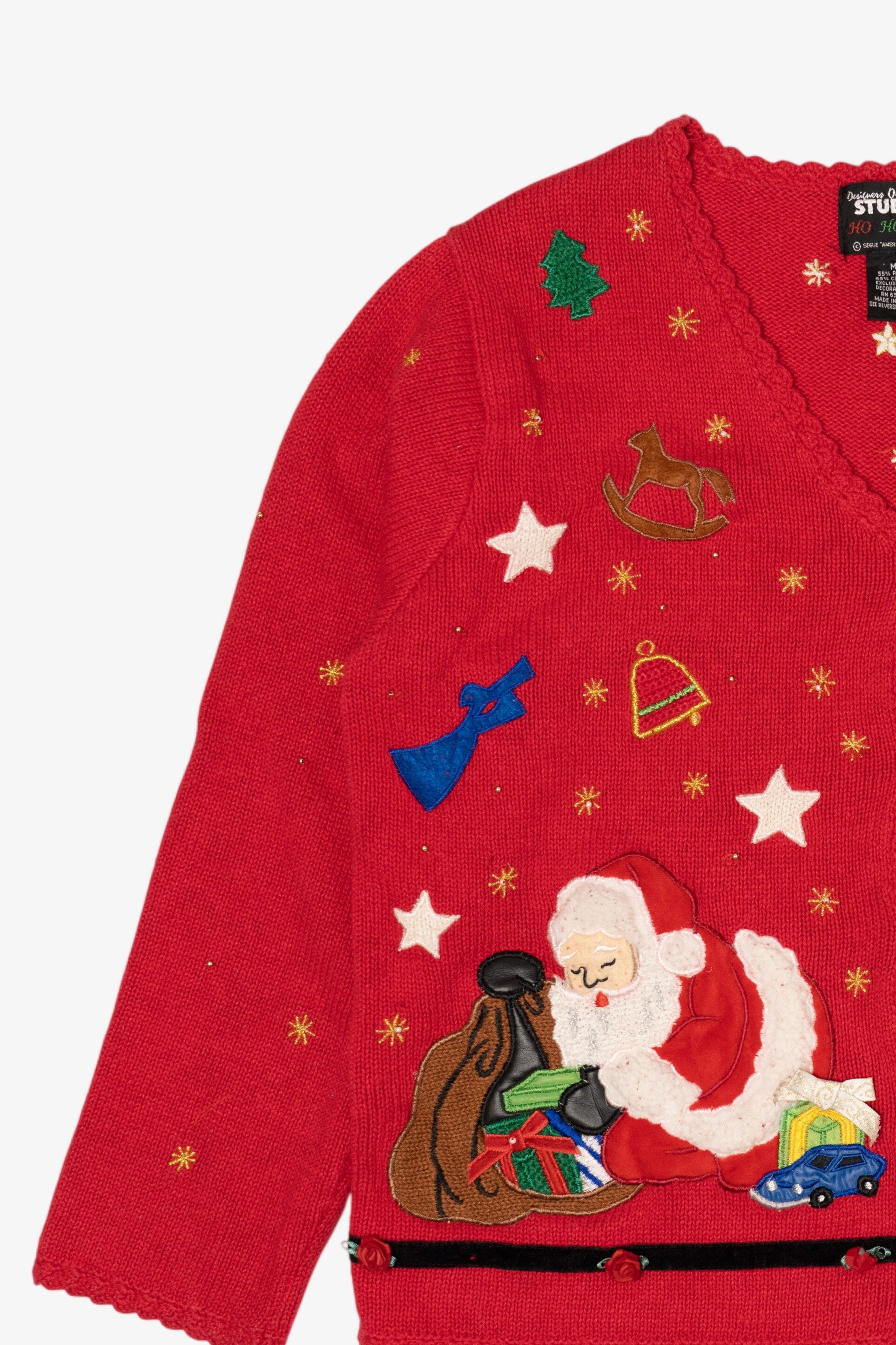 Vintage Red Designers Originals Studio Santa Placing Presents Ugly Christmas Cardigan (1990s)
