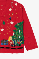 Vintage Red Designers Originals Studio Santa Placing Presents Ugly Christmas Cardigan (1990s)