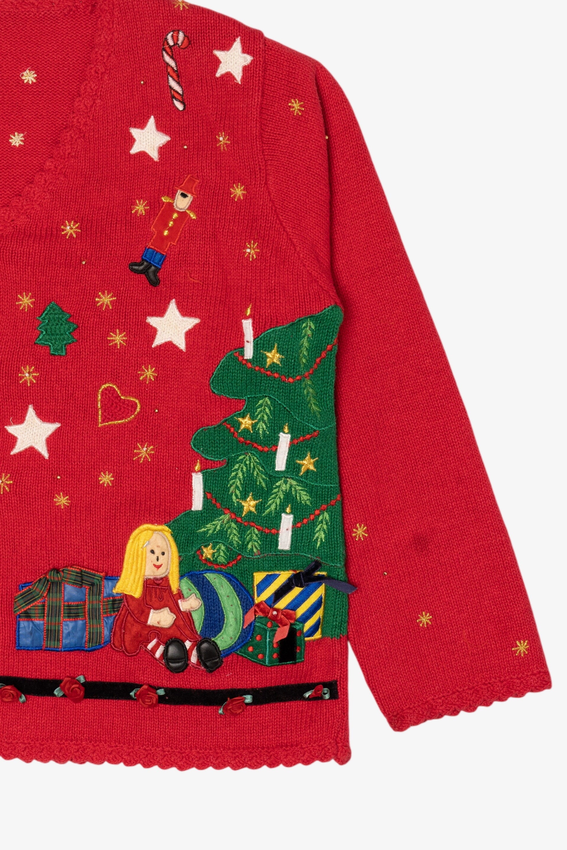 Vintage Red Designers Originals Studio Santa Placing Presents Ugly Christmas Cardigan (1990s)