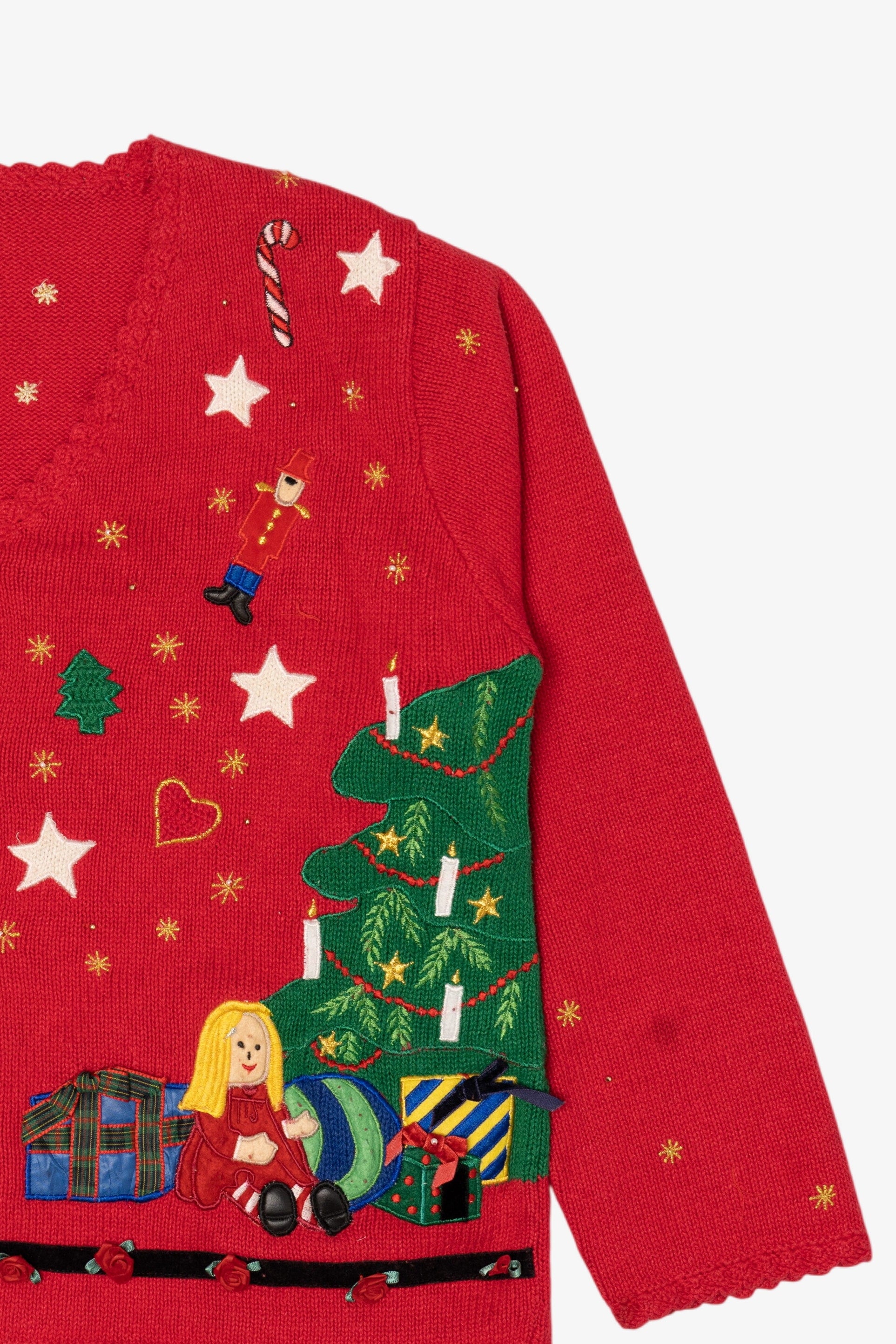 Vintage Red Designers Originals Studio Santa Placing Presents Ugly Christmas Cardigan (1990s)