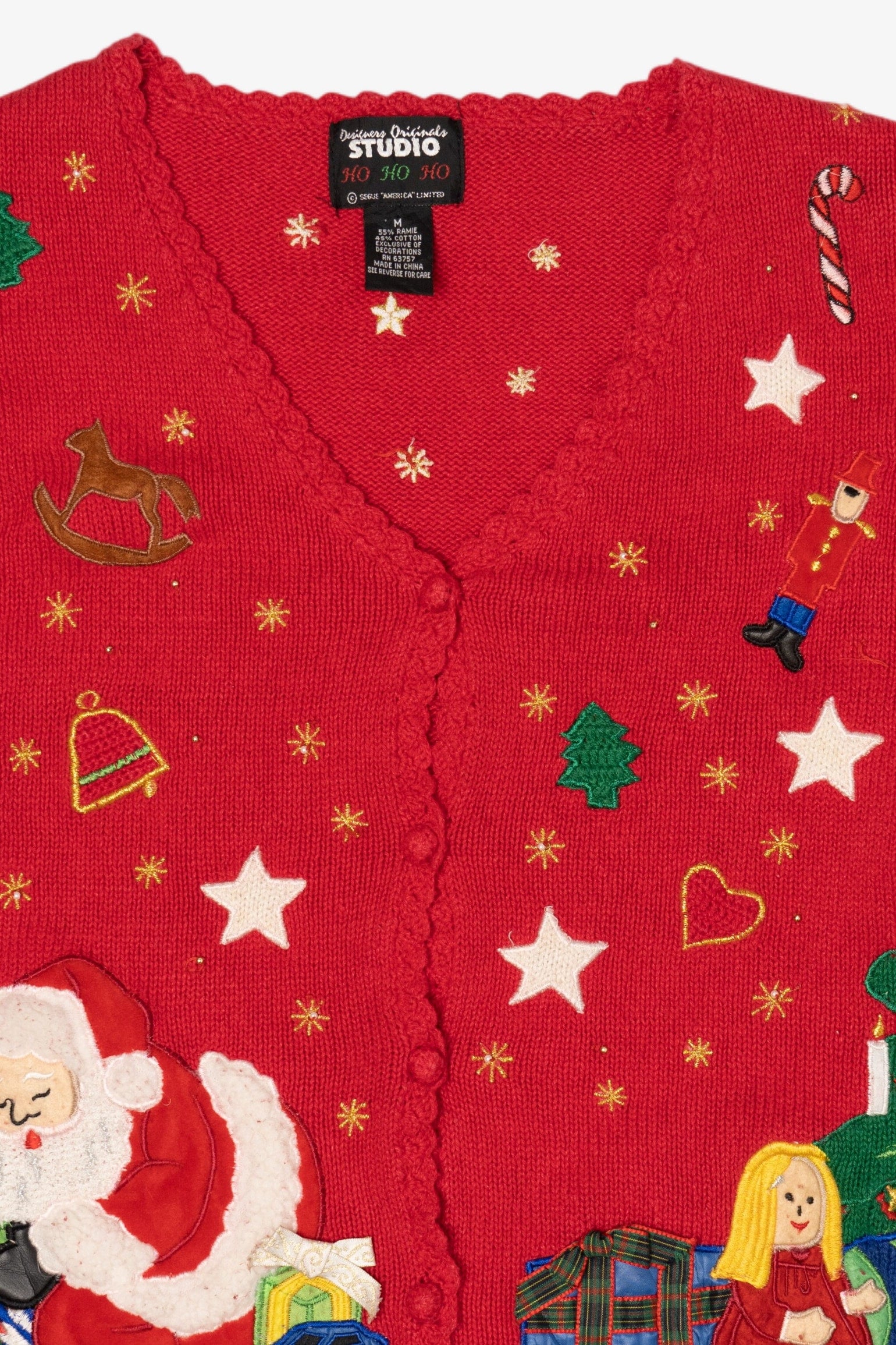 Vintage Red Designers Originals Studio Santa Placing Presents Ugly Christmas Cardigan (1990s)