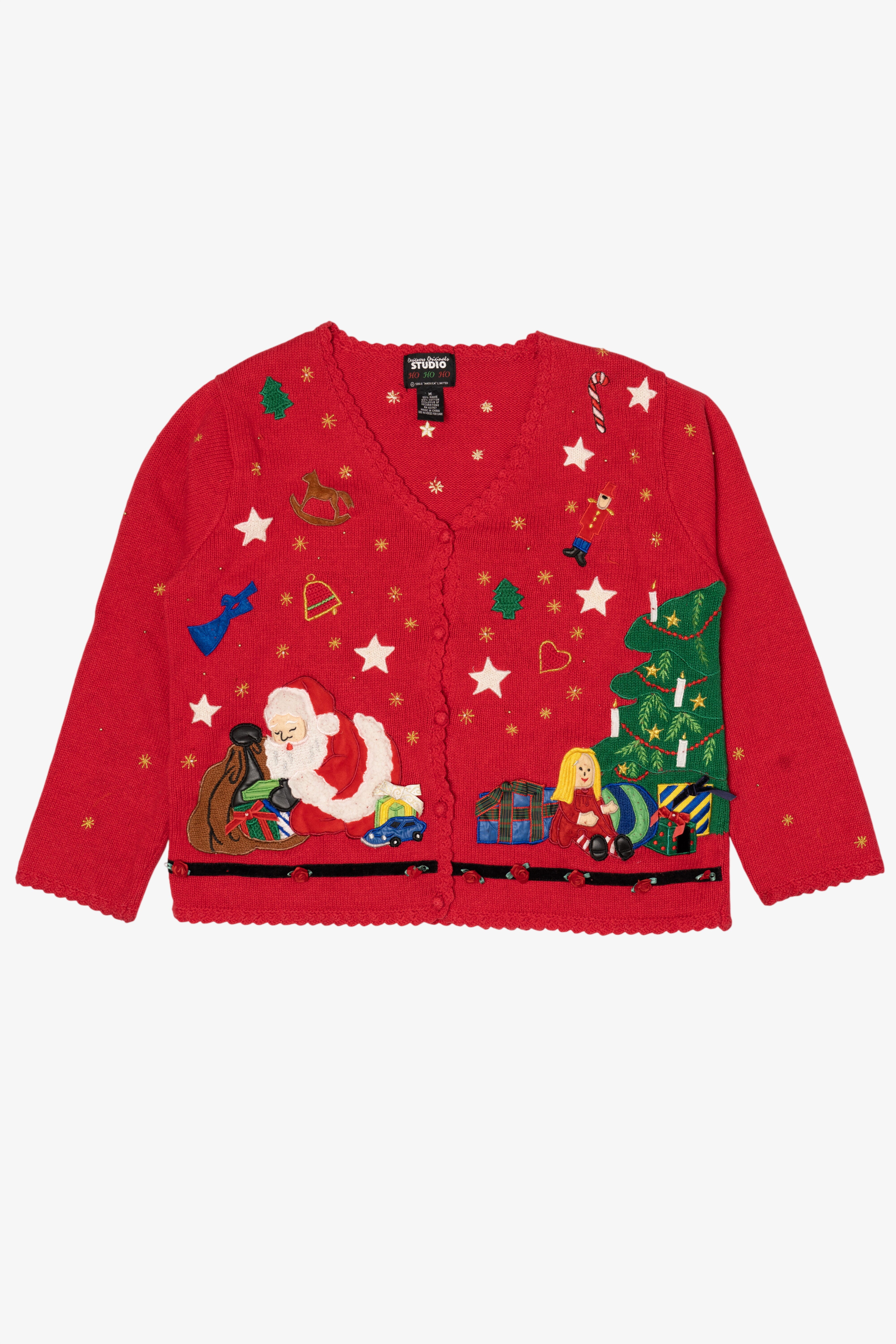 Vintage Red Designers Originals Studio Santa Placing Presents Ugly Christmas Cardigan (1990s)