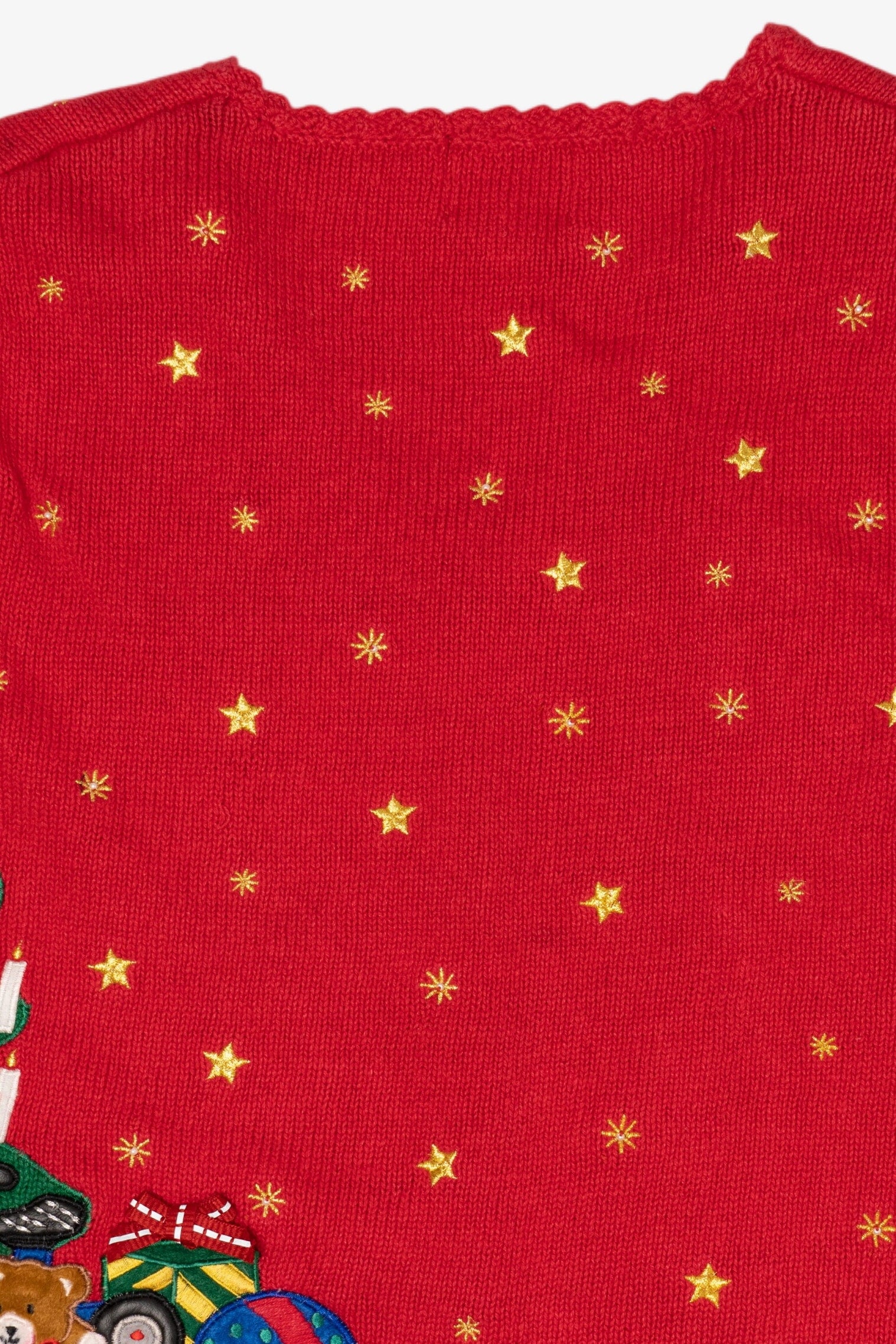 Vintage Red Designers Originals Studio Santa Placing Presents Ugly Christmas Cardigan (1990s)