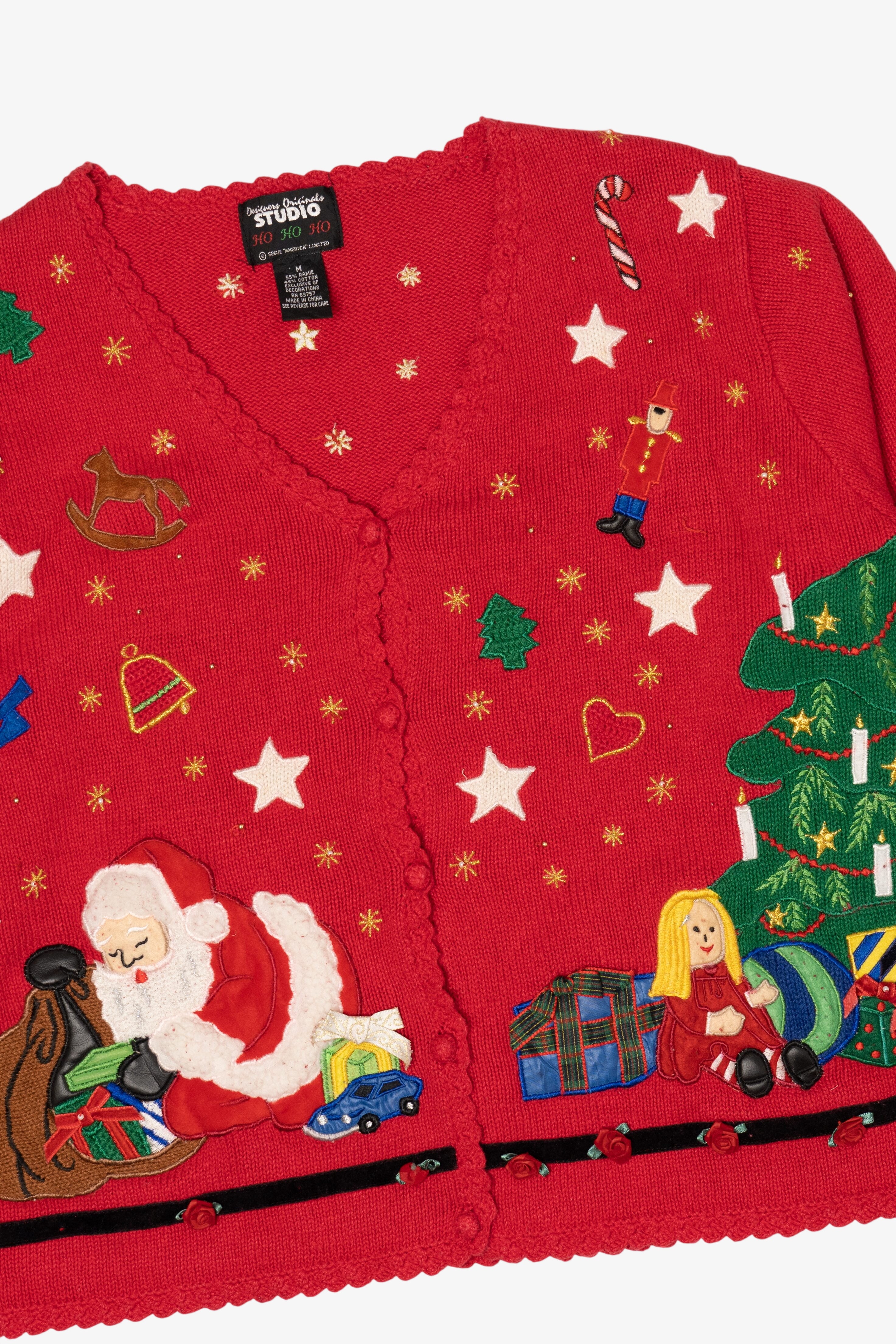 Vintage Red Designers Originals Studio Santa Placing Presents Ugly Christmas Cardigan (1990s)
