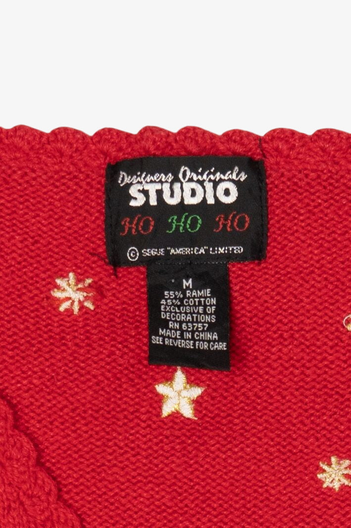 Vintage Red Designers Originals Studio Santa Placing Presents Ugly Christmas Cardigan (1990s)