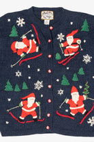 Vintage Blue Heirloom Collectible Santa Skiing Ugly Christmas Cardigan (2000s)