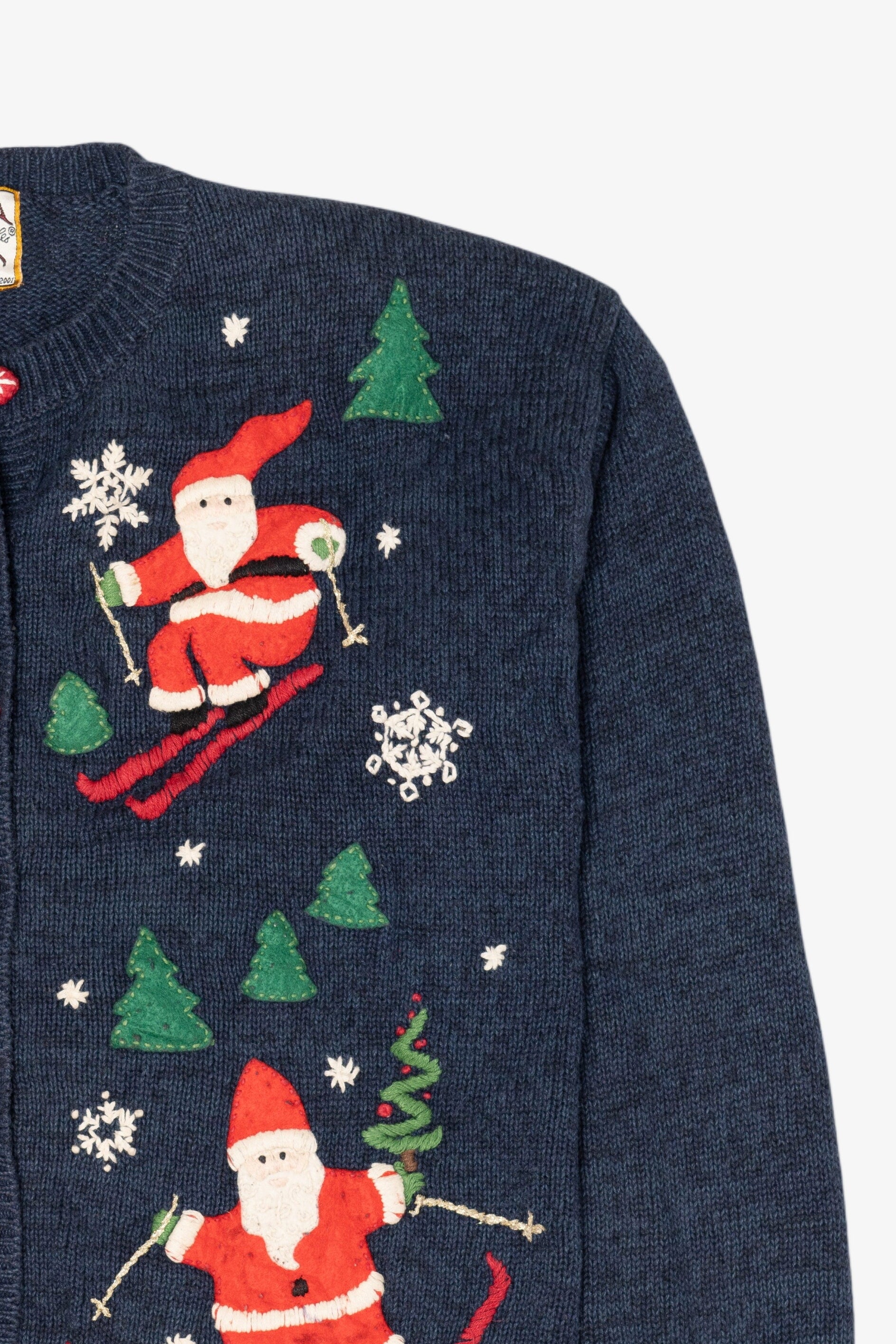 Vintage Blue Heirloom Collectible Santa Skiing Ugly Christmas Cardigan (2000s)