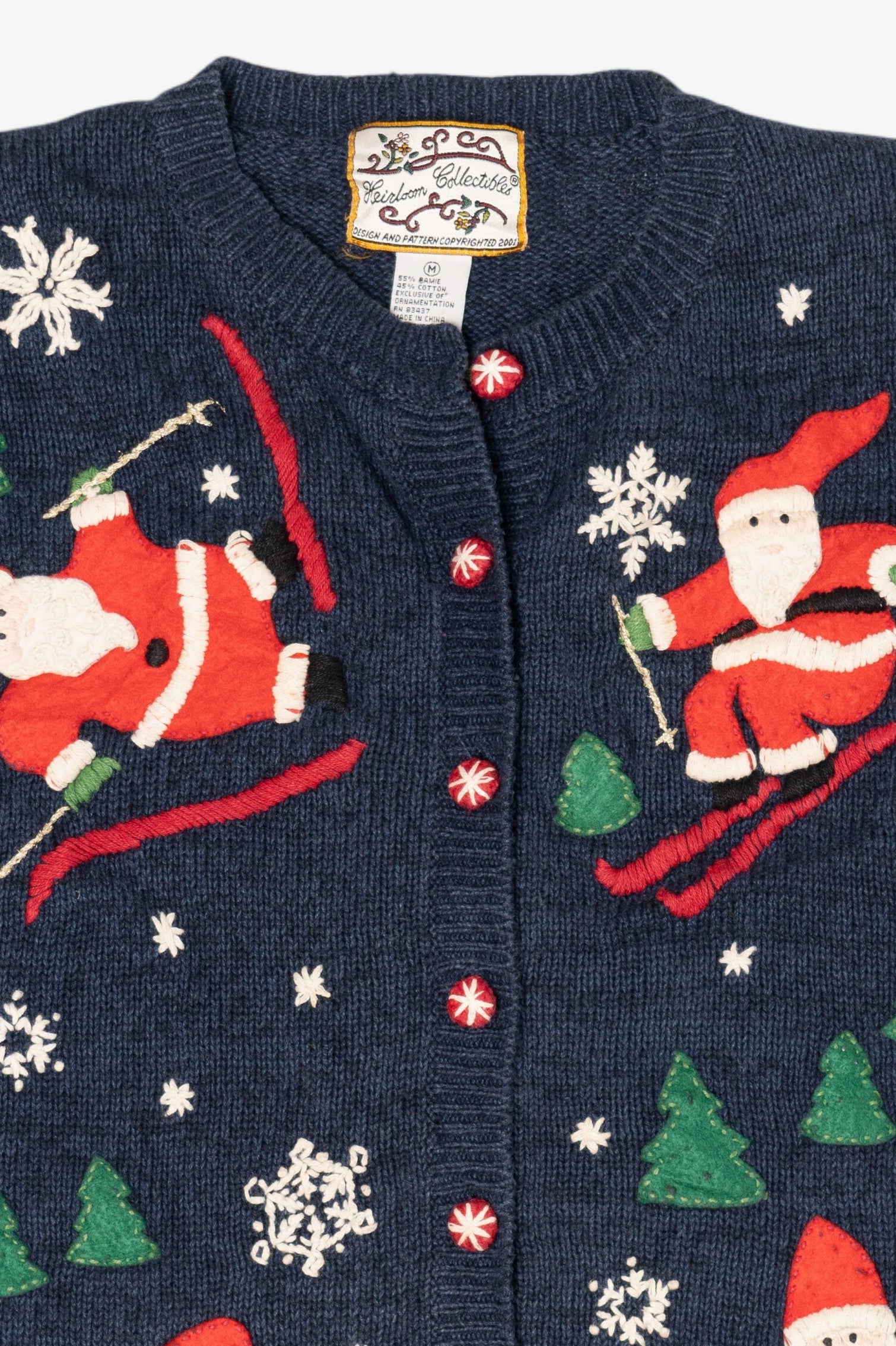 Vintage Blue Heirloom Collectible Santa Skiing Ugly Christmas Cardigan (2000s)