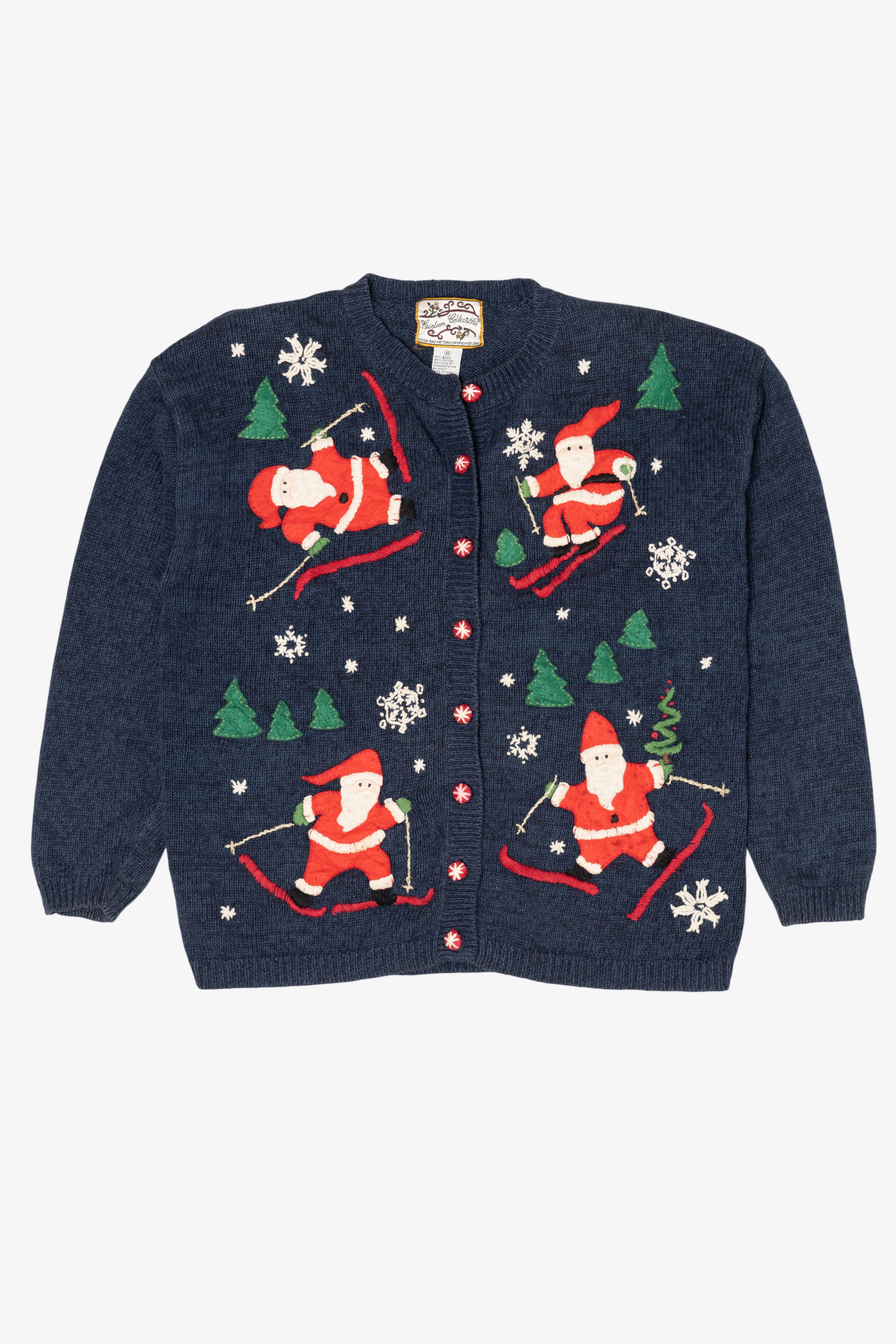 Vintage Blue Heirloom Collectible Santa Skiing Ugly Christmas Cardigan (2000s)