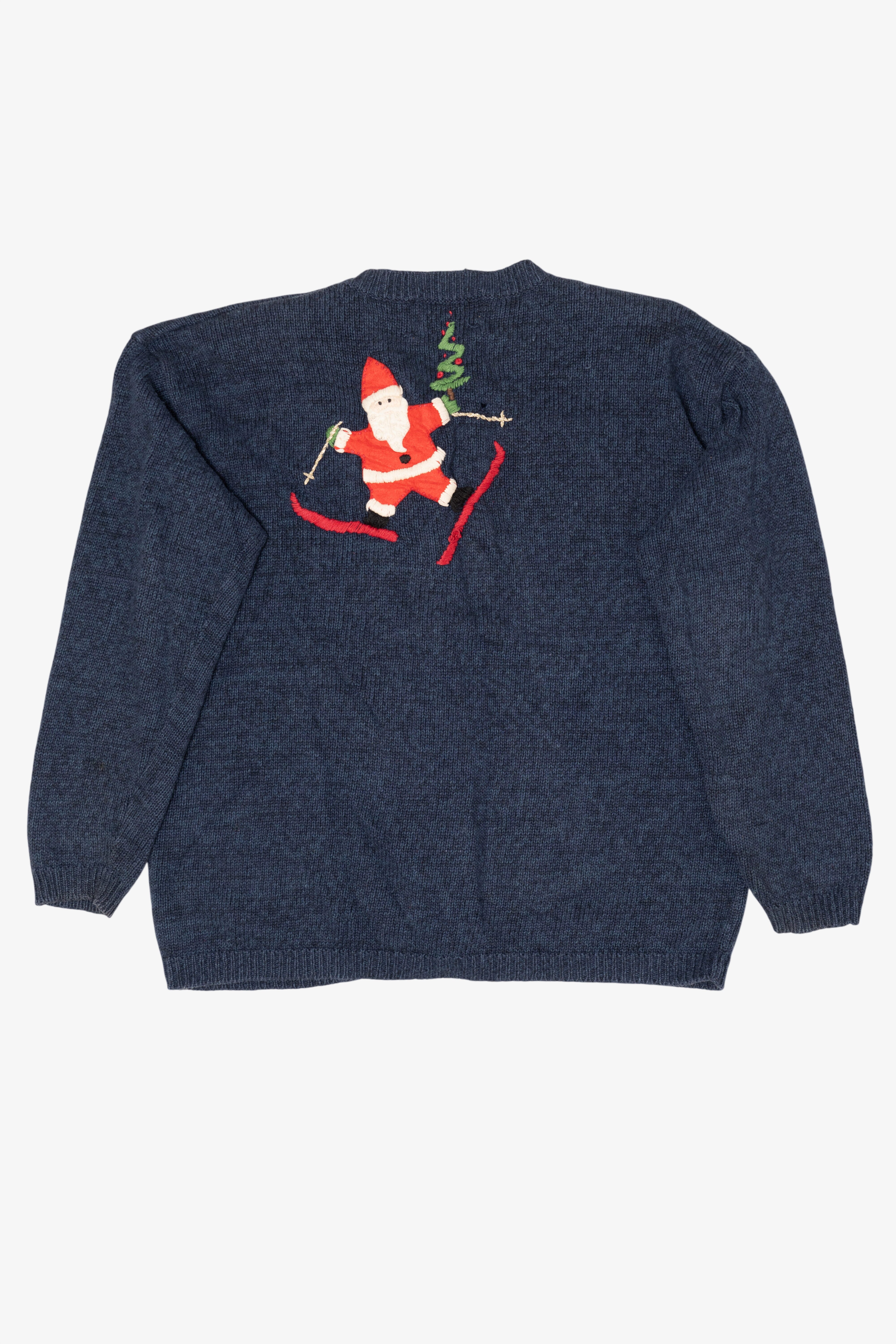 Vintage Blue Heirloom Collectible Santa Skiing Ugly Christmas Cardigan (2000s)