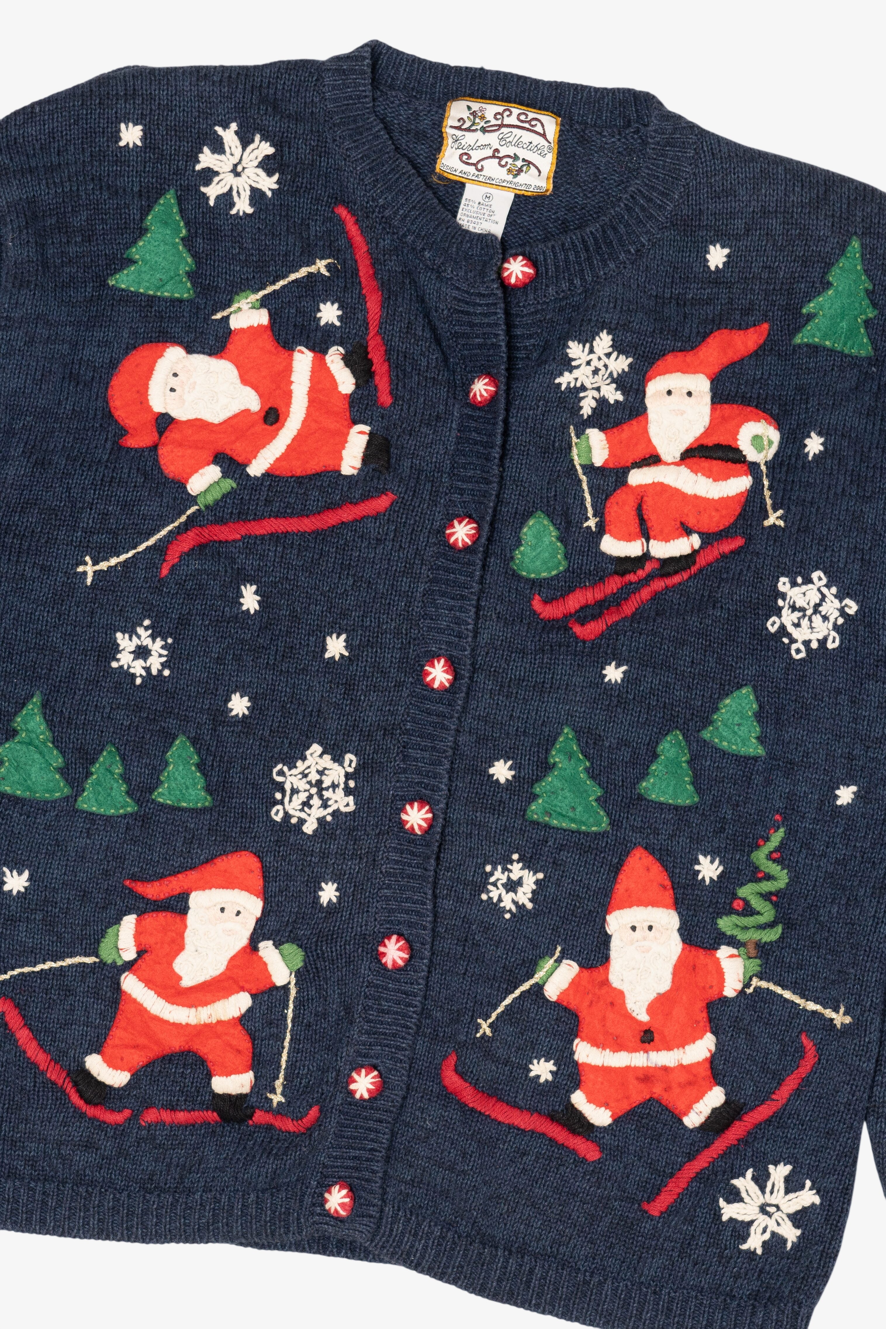 Vintage Blue Heirloom Collectible Santa Skiing Ugly Christmas Cardigan (2000s)