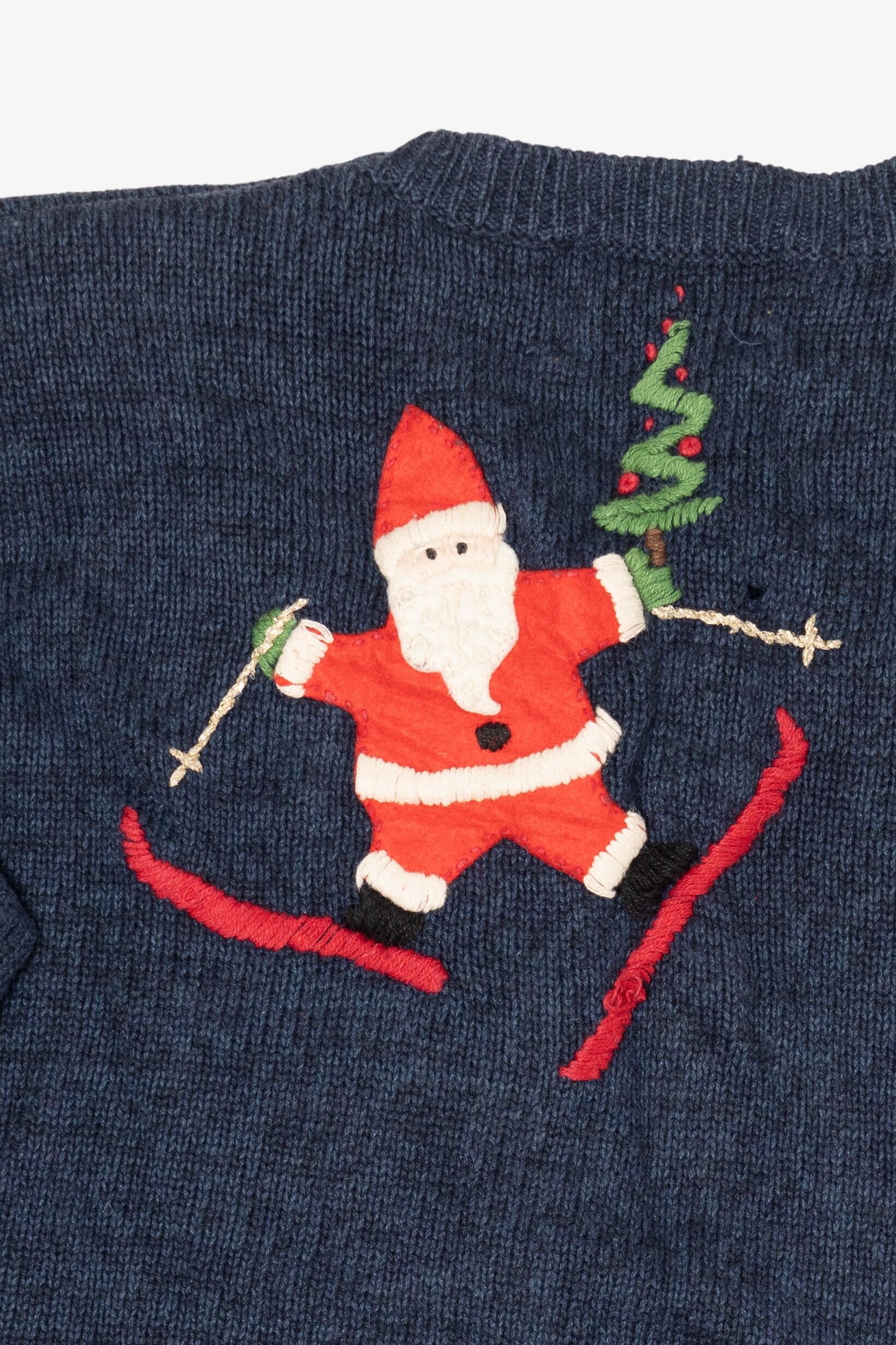 Vintage Blue Heirloom Collectible Santa Skiing Ugly Christmas Cardigan (2000s)