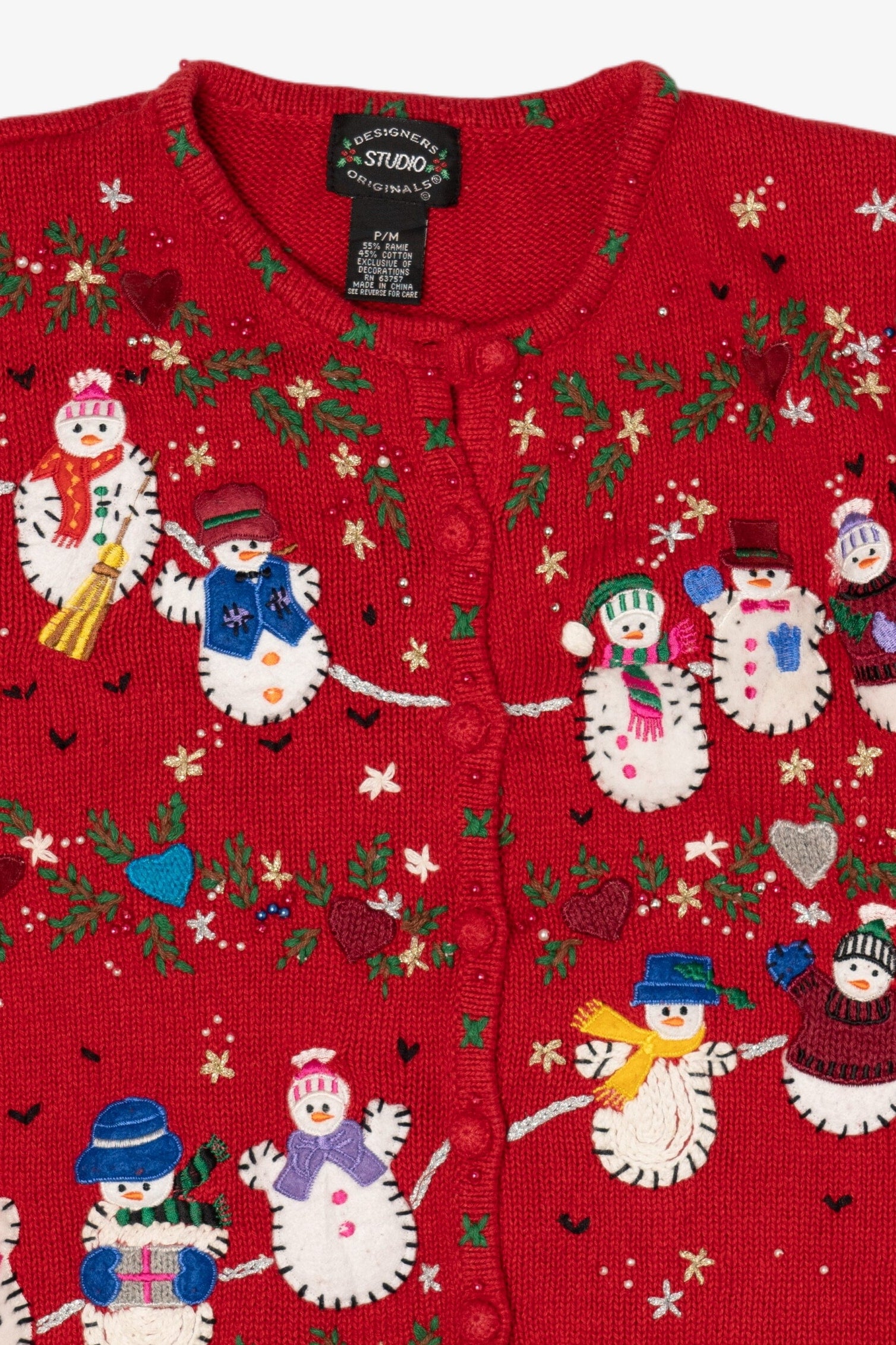 Vintage Red Designers Originals Studio Snowmen Christmas Cardigan (1990s)