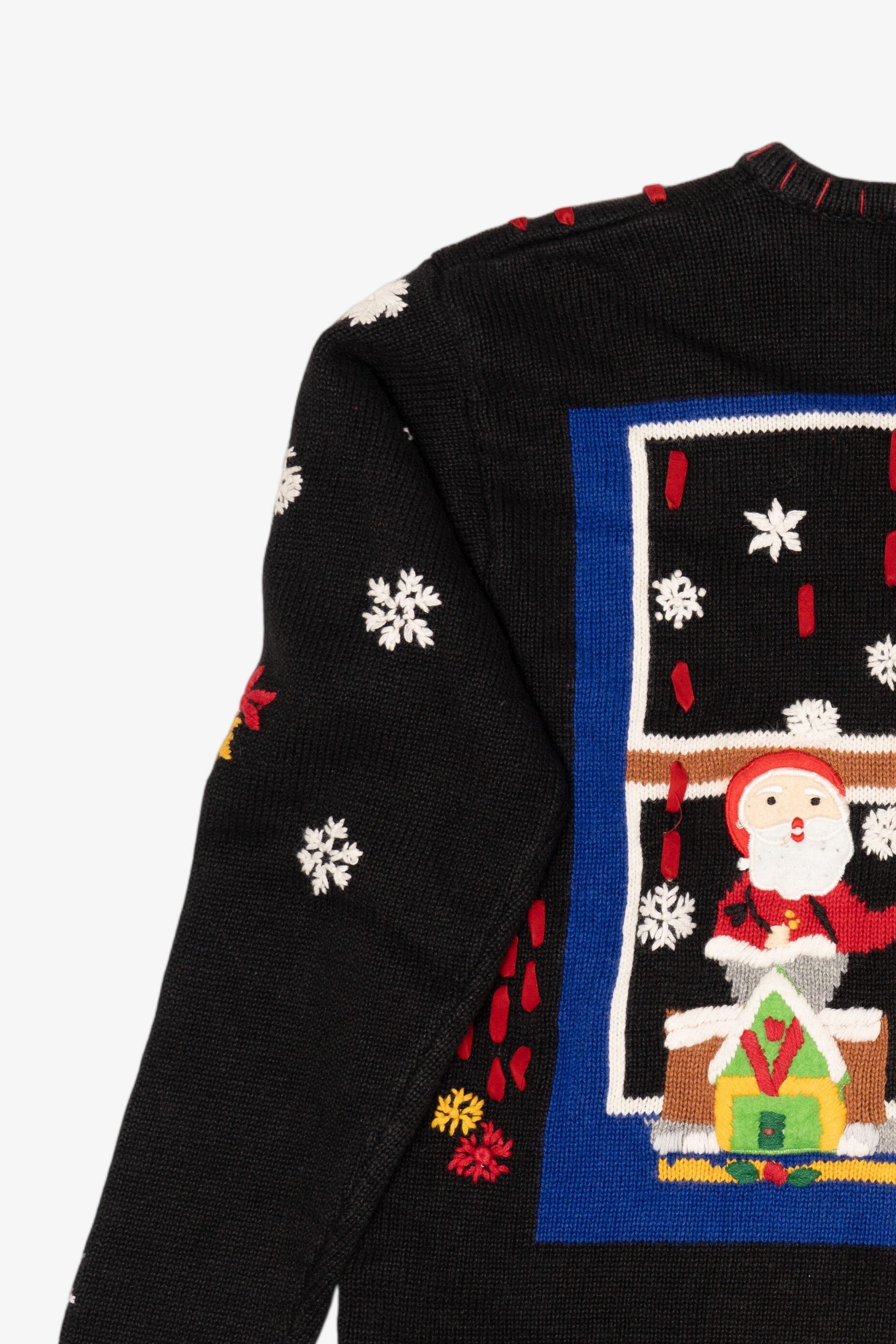 Vintage Black Designers Originals Studio Santa In Window Ugly Christmas Cardigan (1990s)