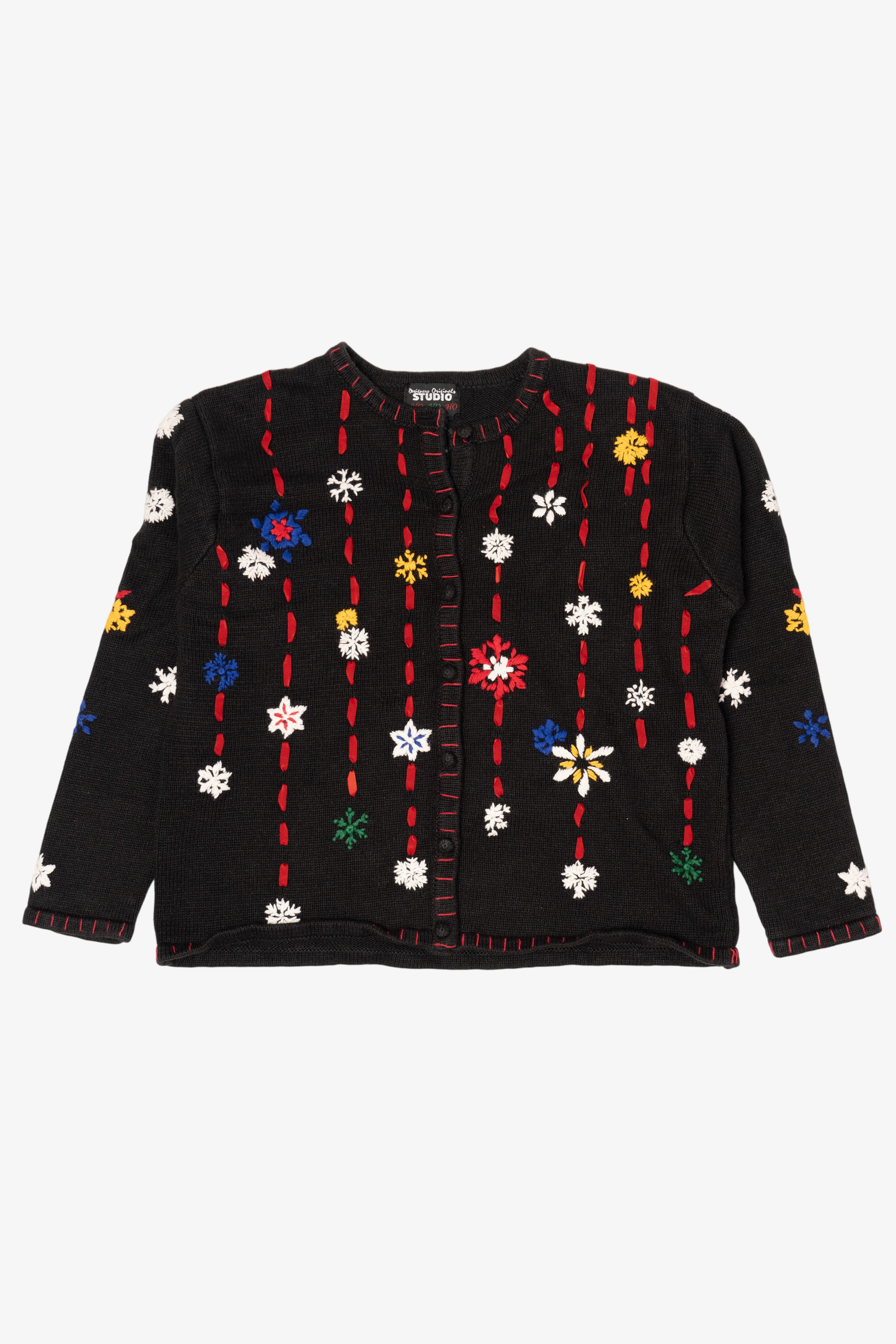 Vintage Black Designers Originals Studio Santa In Window Ugly Christmas Cardigan (1990s)