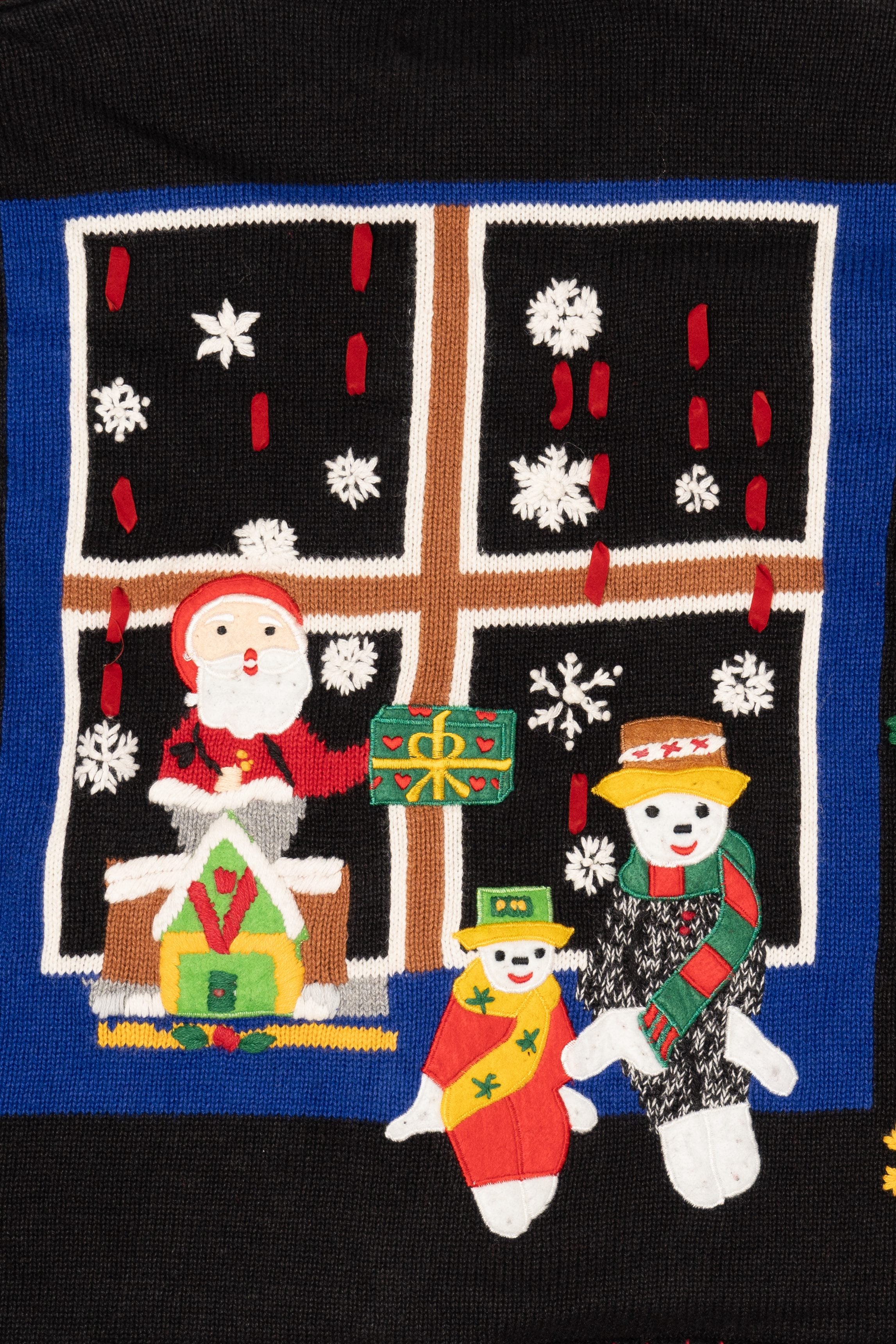 Vintage Black Designers Originals Studio Santa In Window Ugly Christmas Cardigan (1990s)